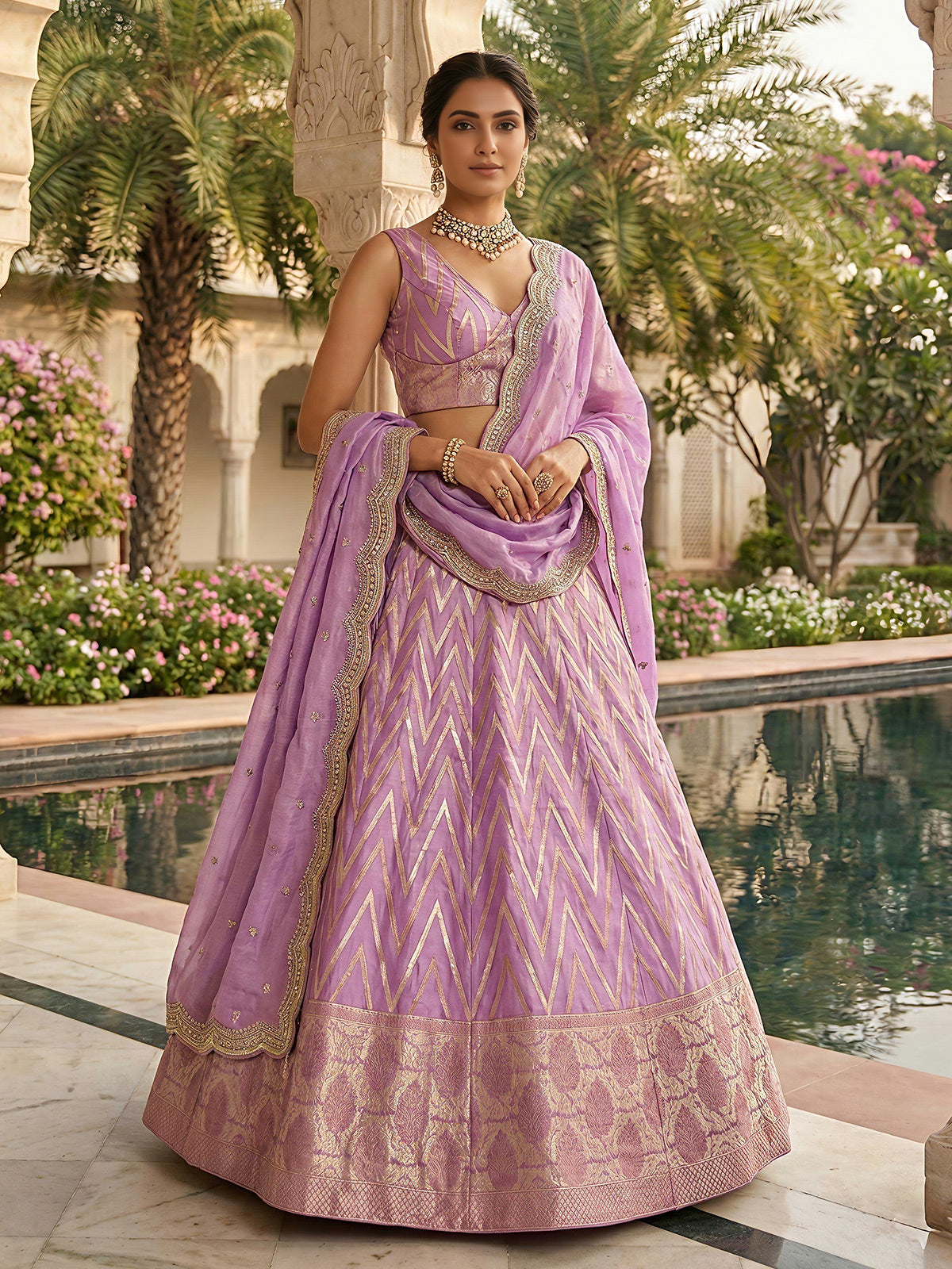 Lilac purple zari embroidered dola silk lehenga choli