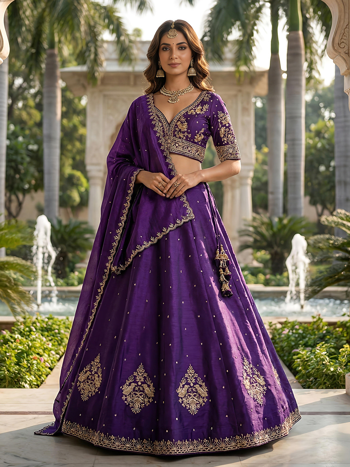 Violet embroidered slub silk lehenga choli with dupatta