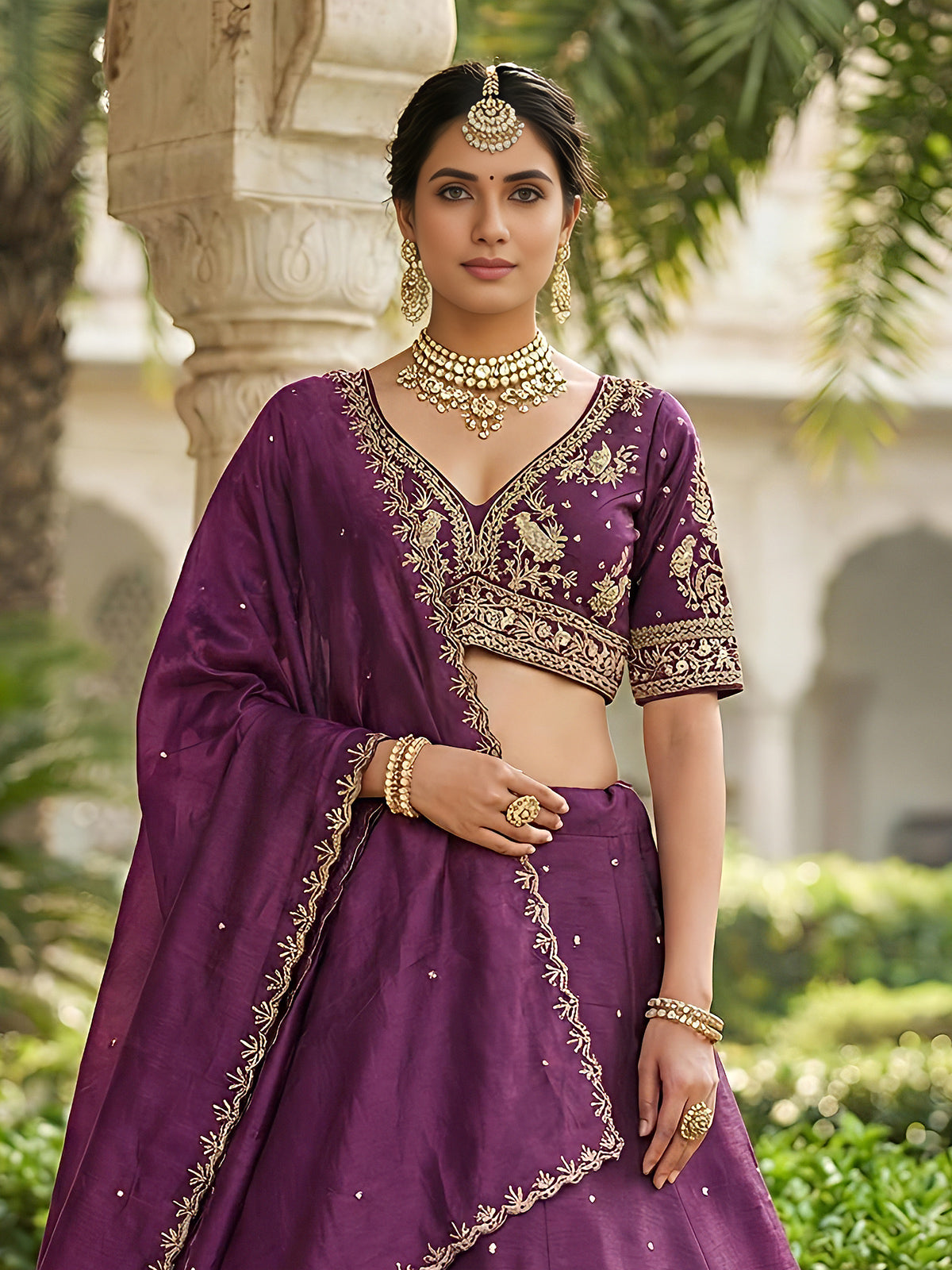 Purple designer slub silk lehenga choli with dupatta