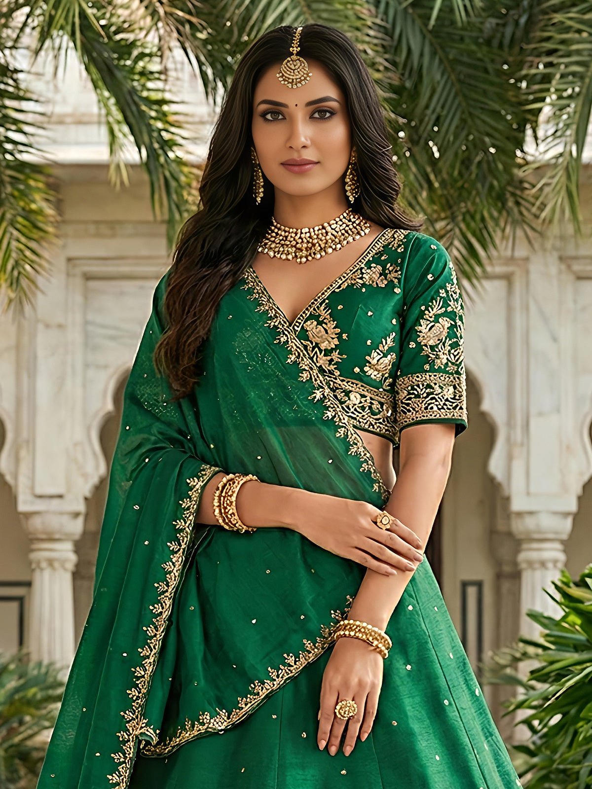 Green embroidered slub silk lehenga choli with dupatta