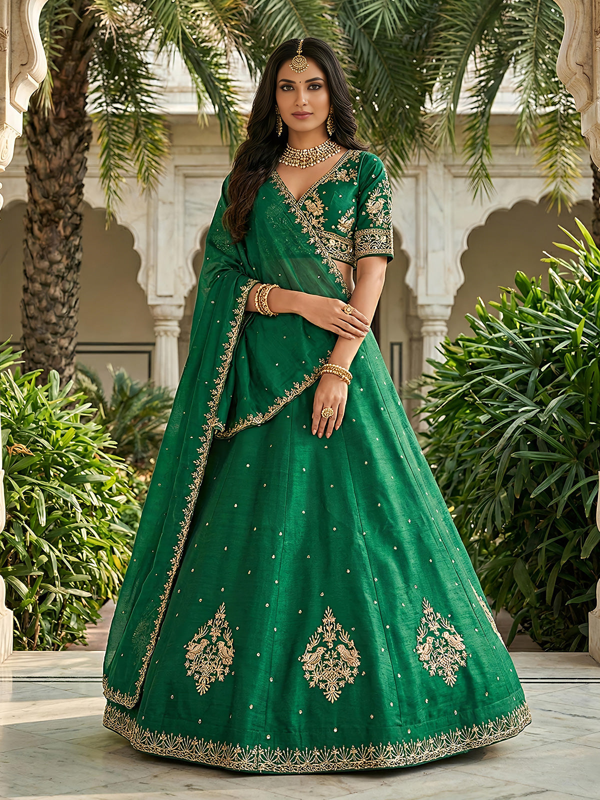 Green embroidered slub silk lehenga choli with dupatta
