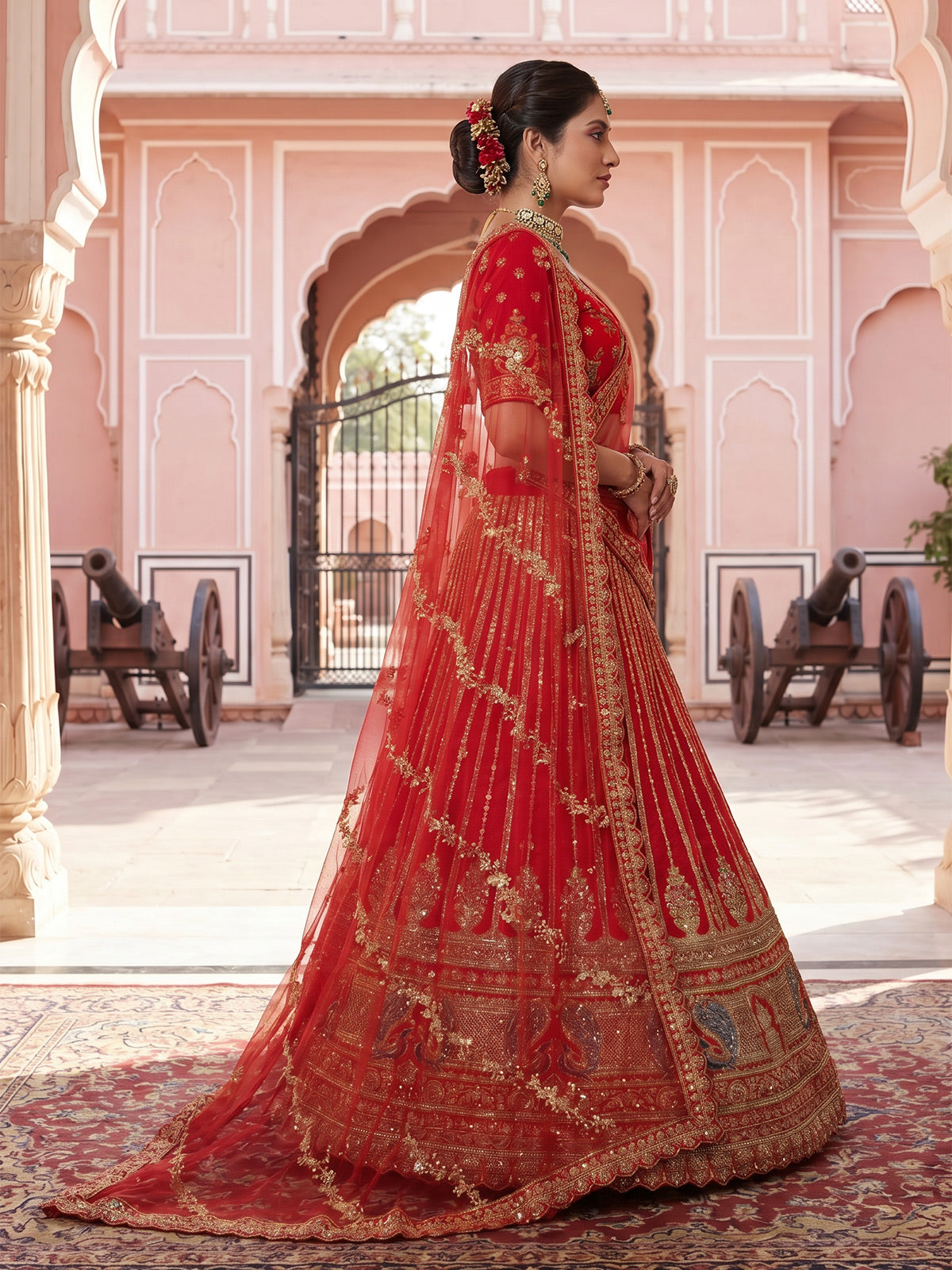 Red designer bridal silk unstitched lehenga choli ensemble