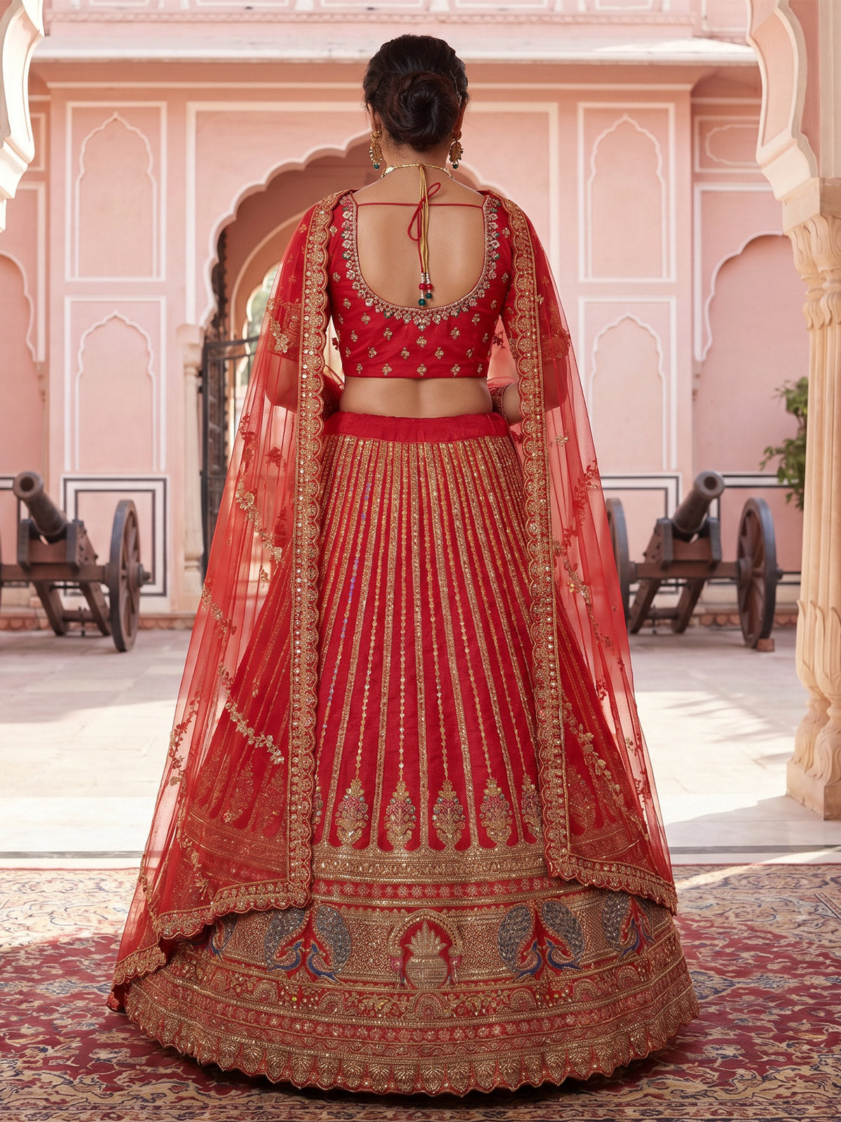 Red designer bridal silk unstitched lehenga choli ensemble