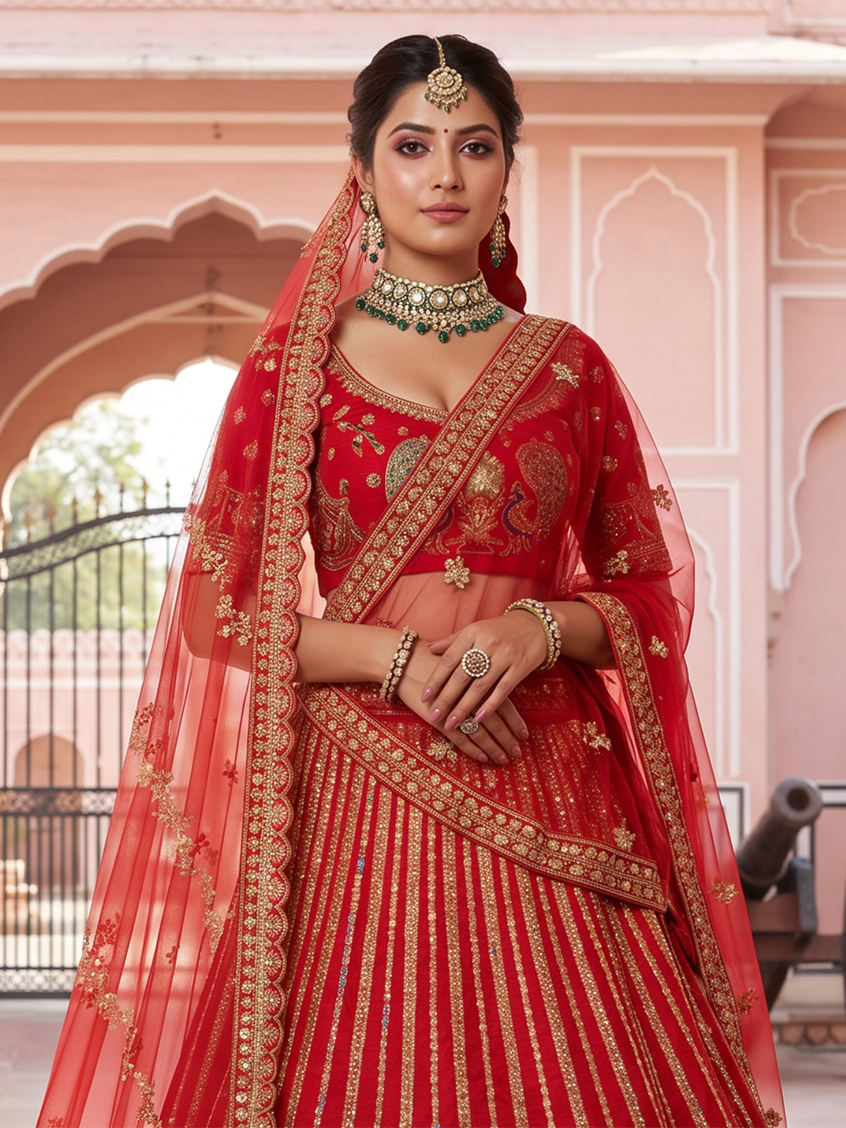 Red designer bridal silk unstitched lehenga choli ensemble