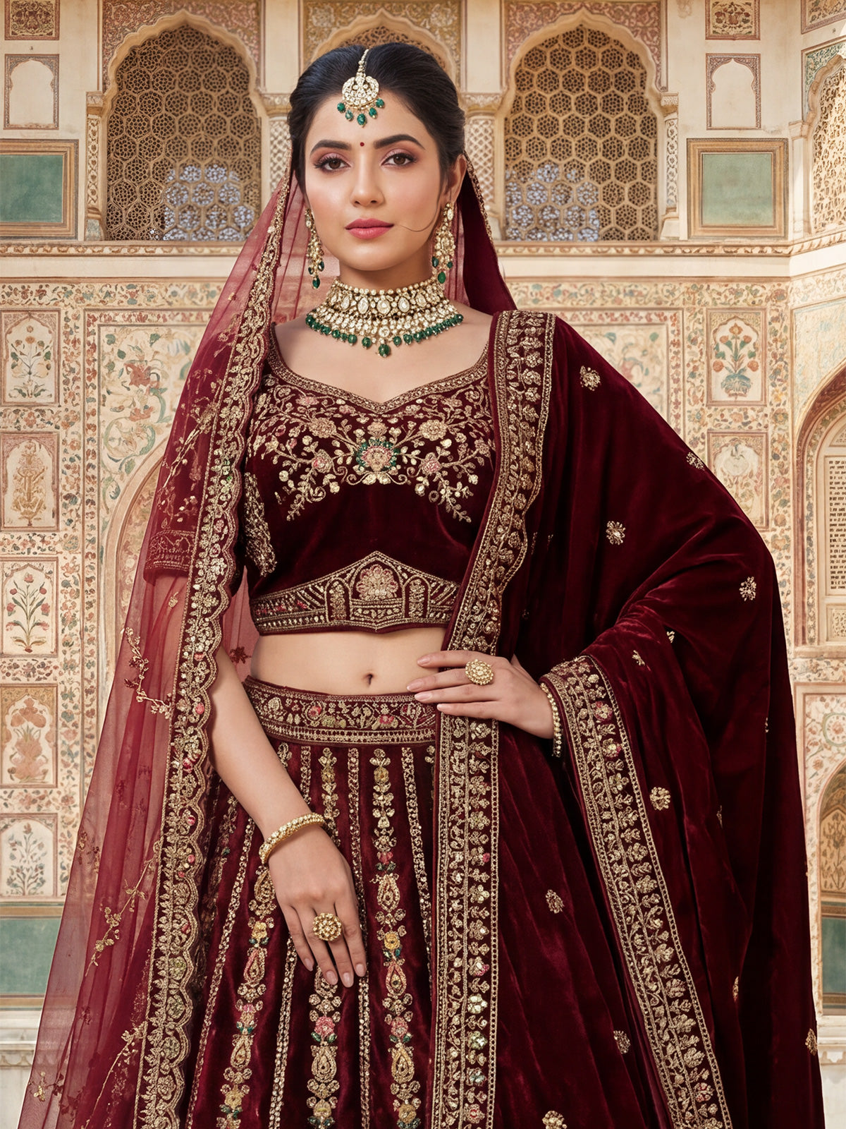 Dark maroon velvet bridal lehenga choli with double dupatta