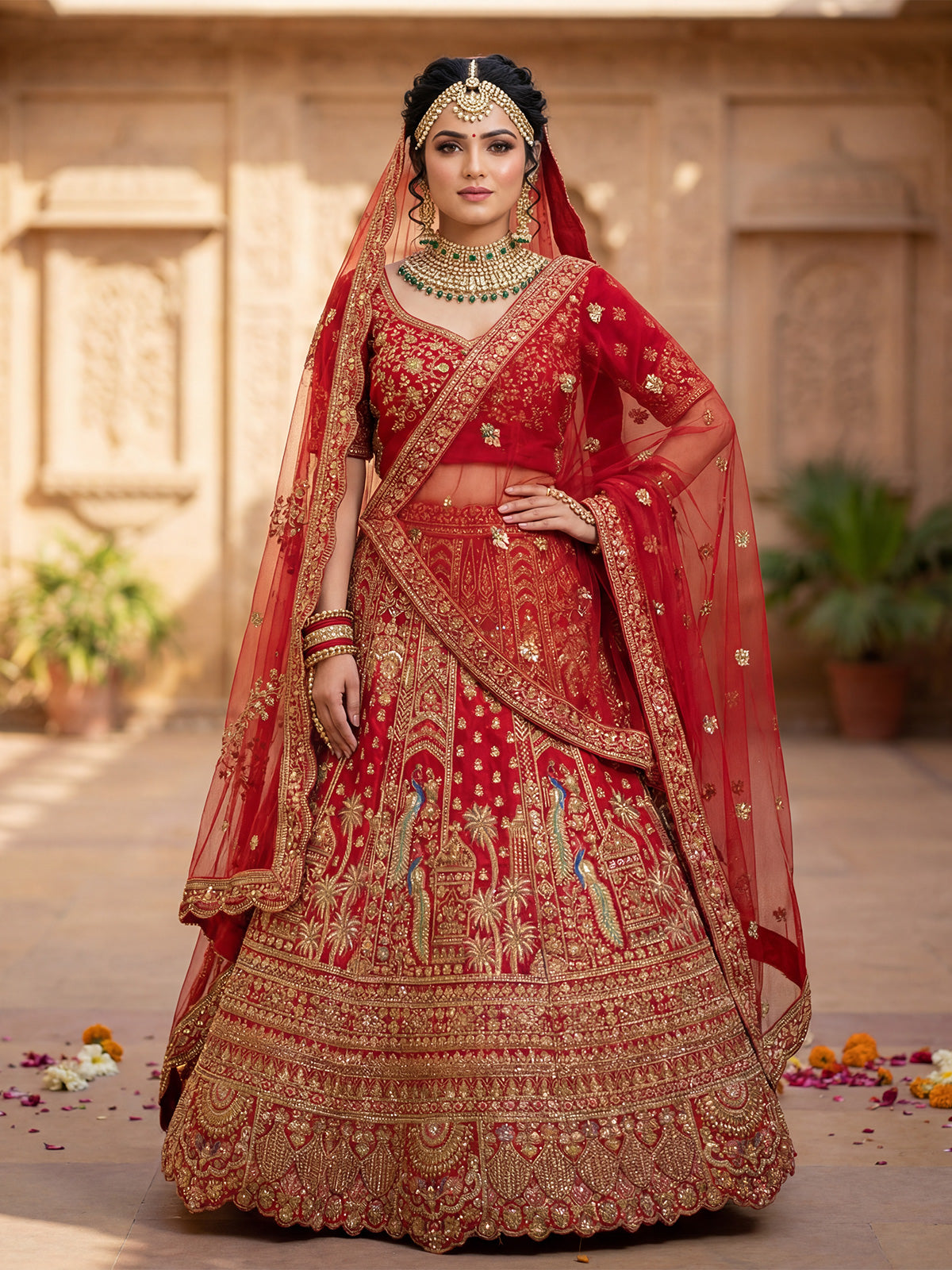 Red peacock embroidered bridal silk lehenga choli ensemble