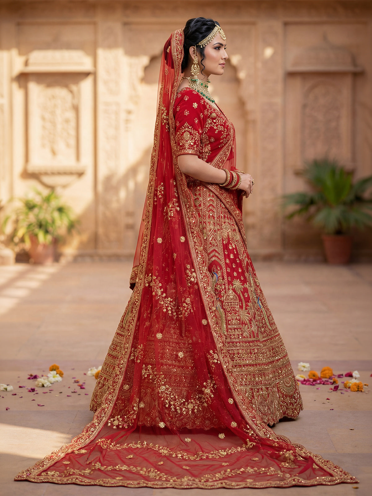 Red peacock embroidered bridal silk lehenga choli ensemble