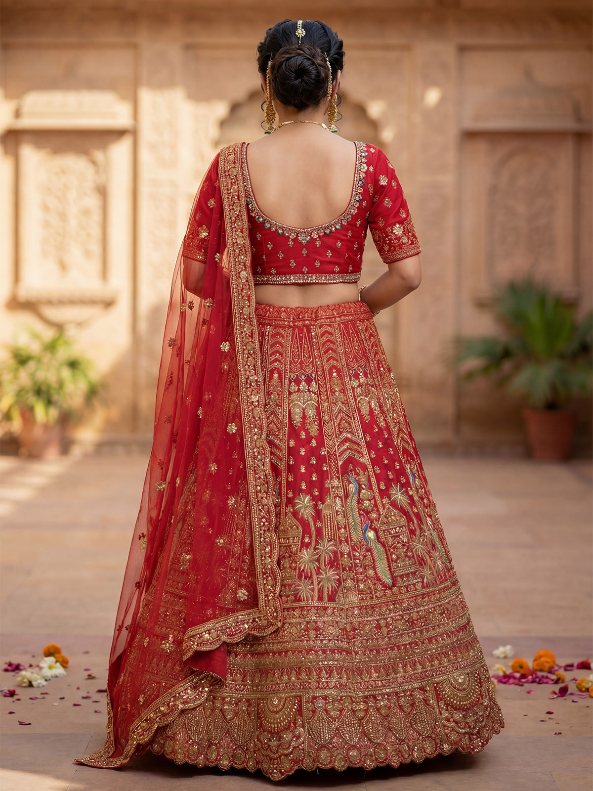 Red peacock embroidered bridal silk lehenga choli ensemble