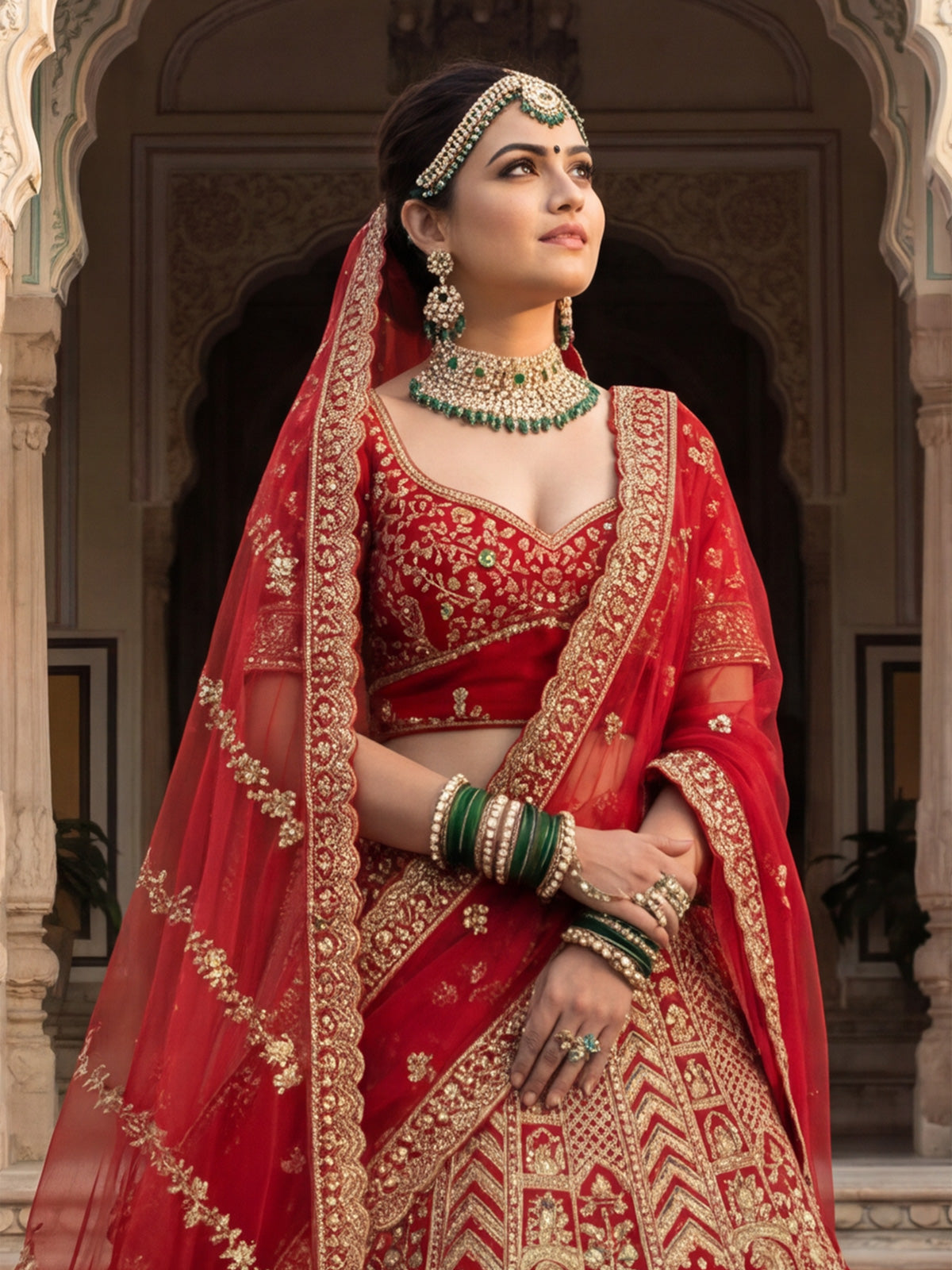 Red embroidered silk bridal unstitched lehenga choli
