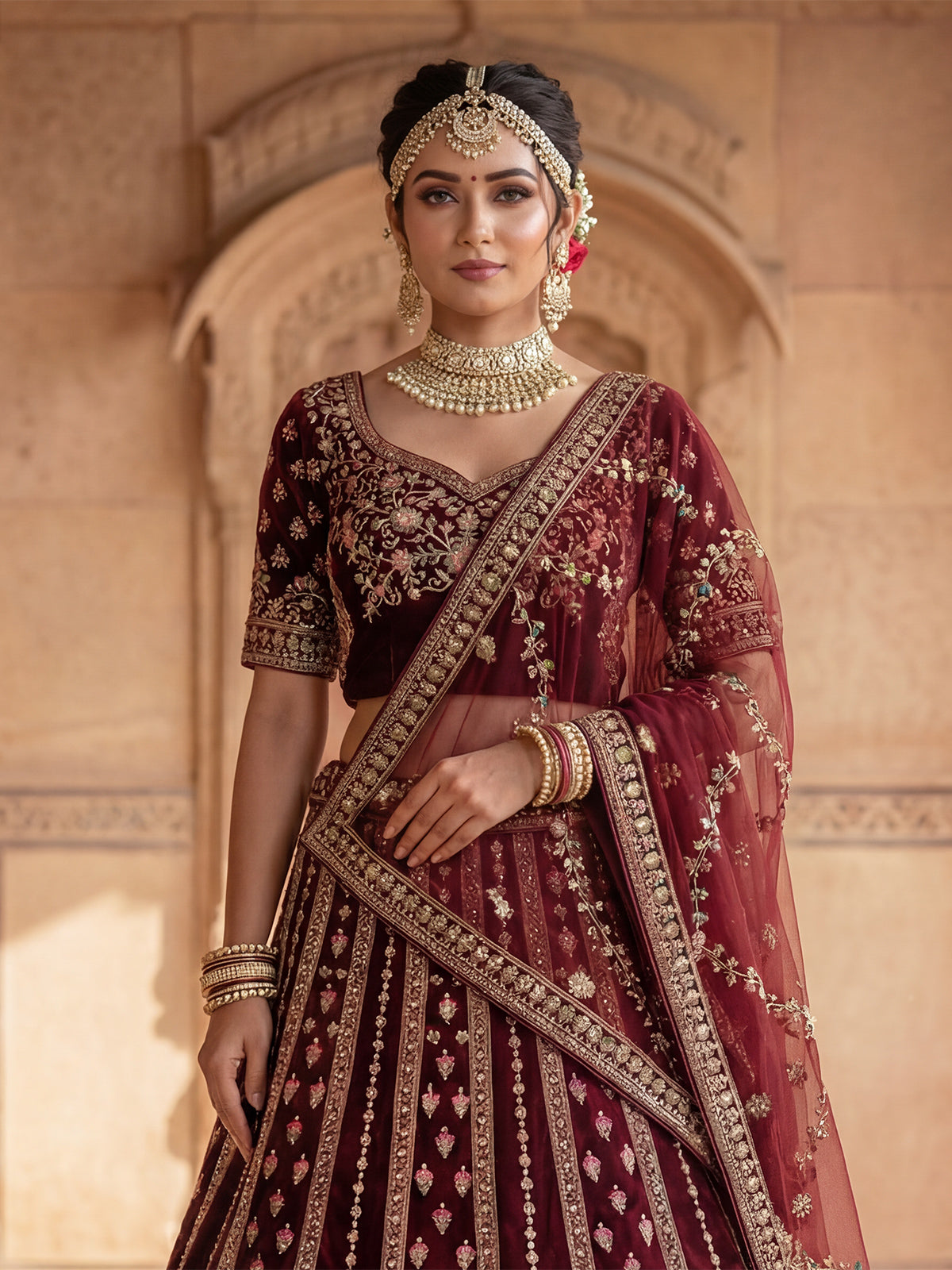Maroon velvet bridal unstitched lehenga choli with double dupatta