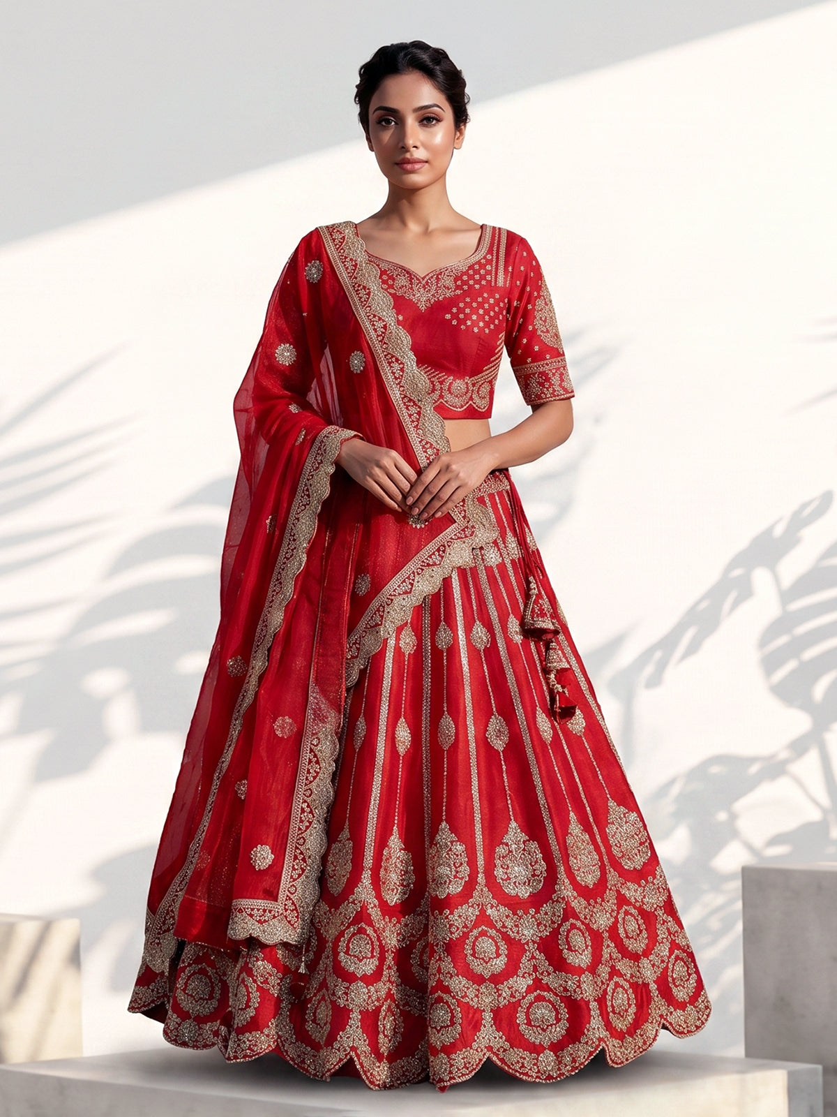 Red raw silk sequins bridal lehenga choli set