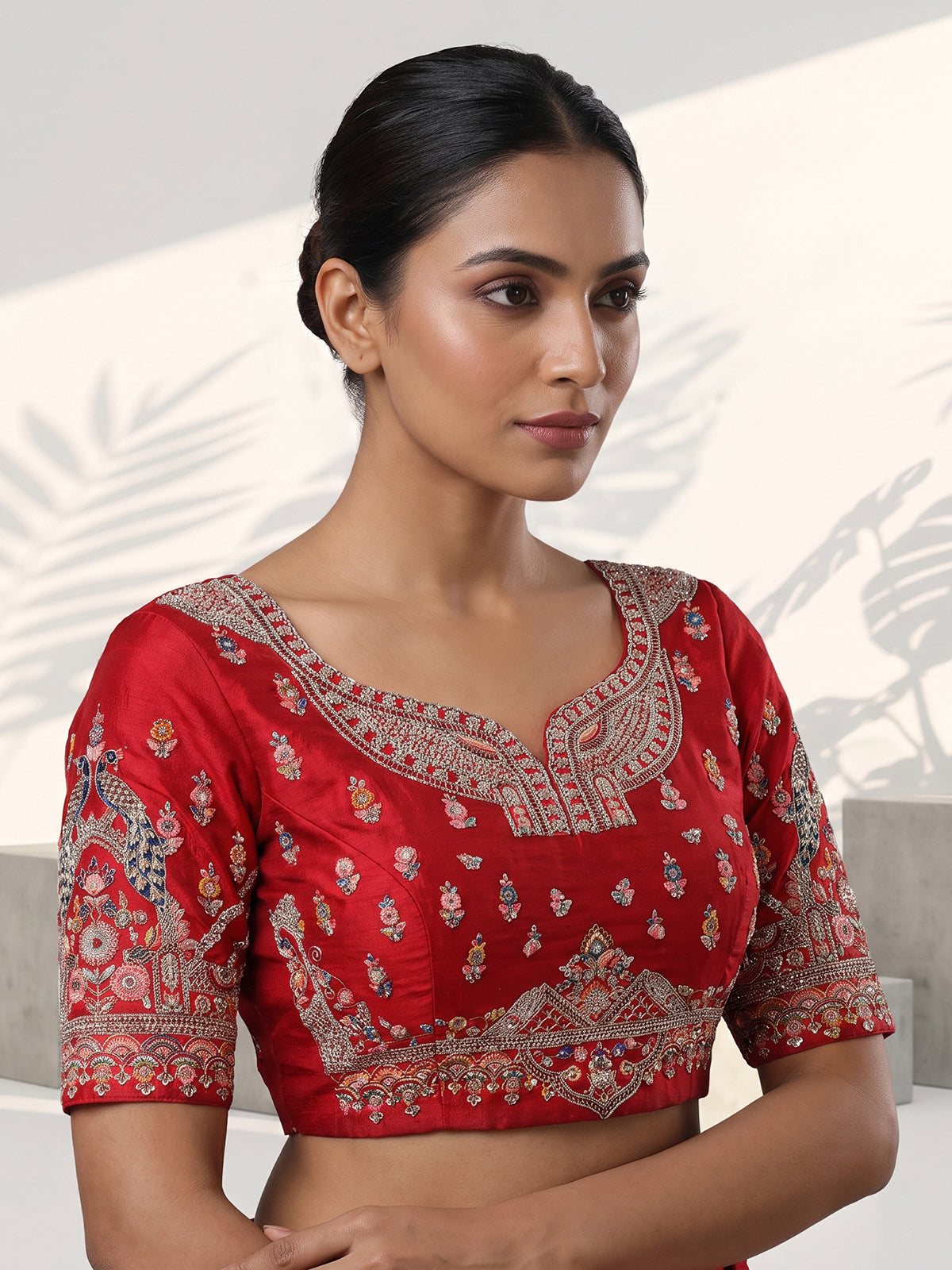 Red raw silk embroidered bridal lehenga choli set
