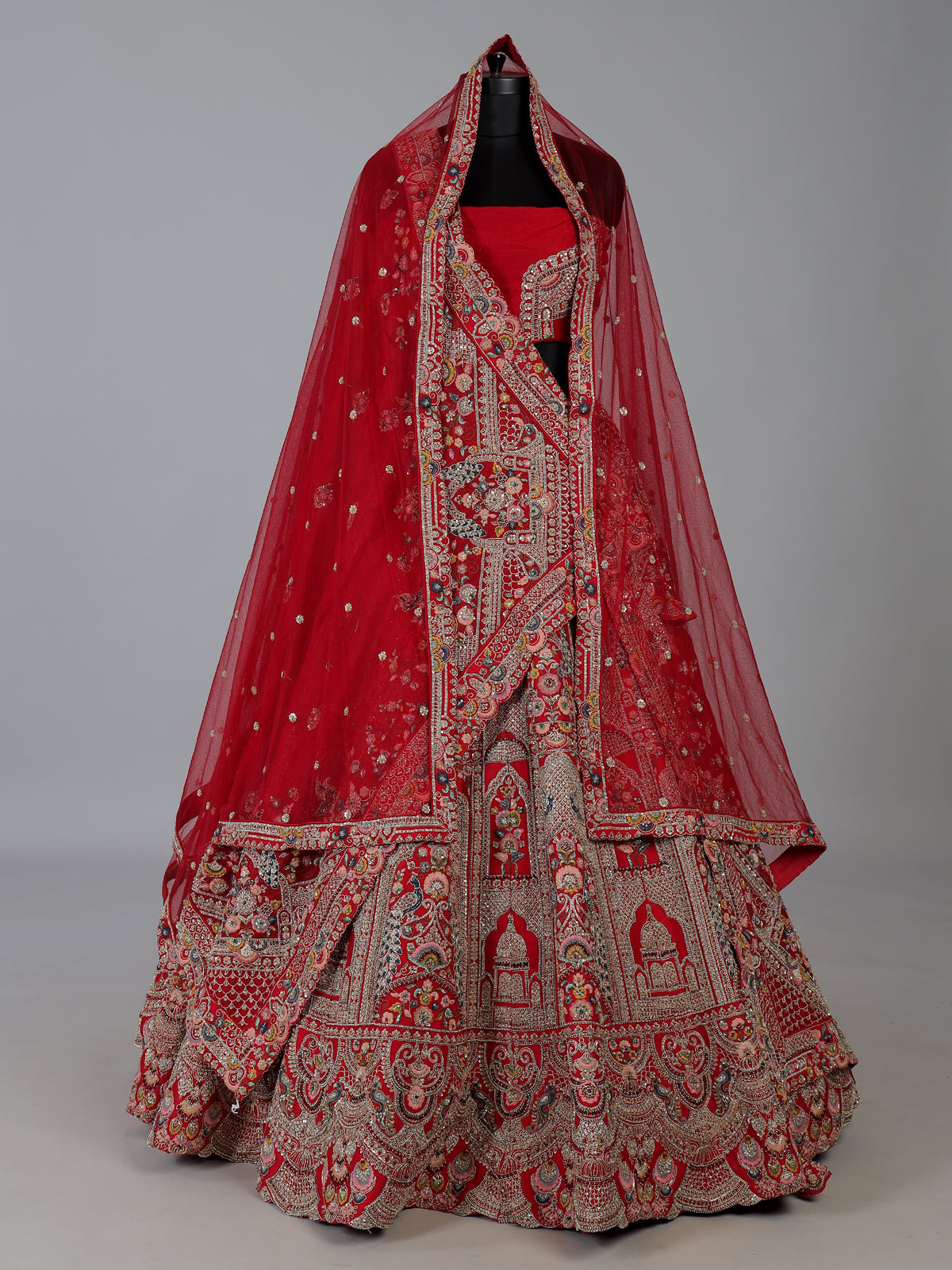 Red raw silk embroidered bridal lehenga choli set