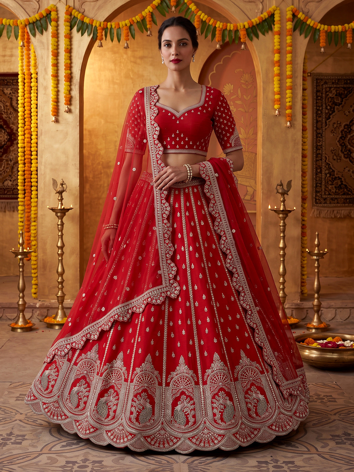 Red peacock embroidered silk lehenga choli with dupatta
