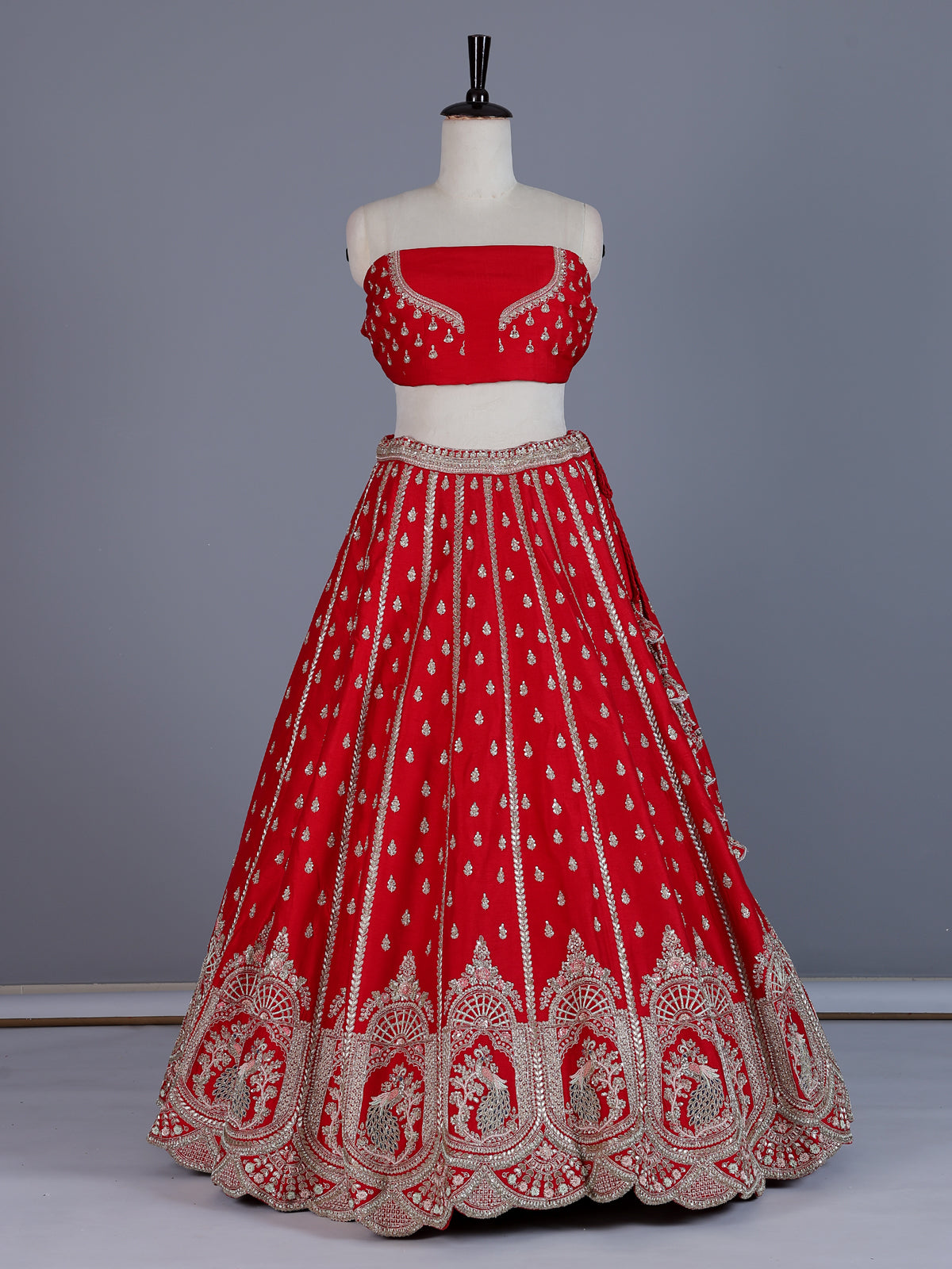 Red peacock embroidered silk lehenga choli with dupatta