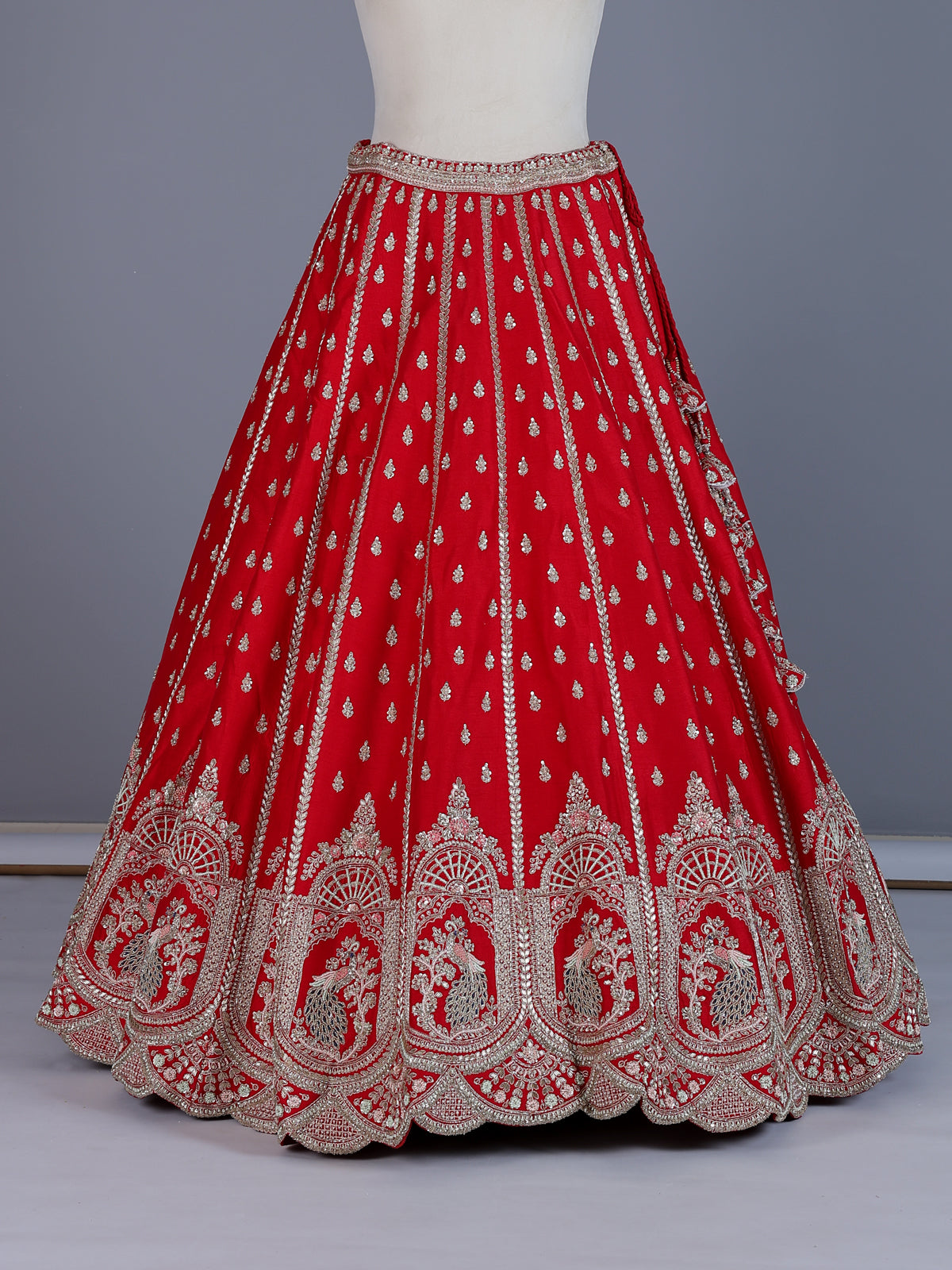 Red peacock embroidered silk lehenga choli with dupatta