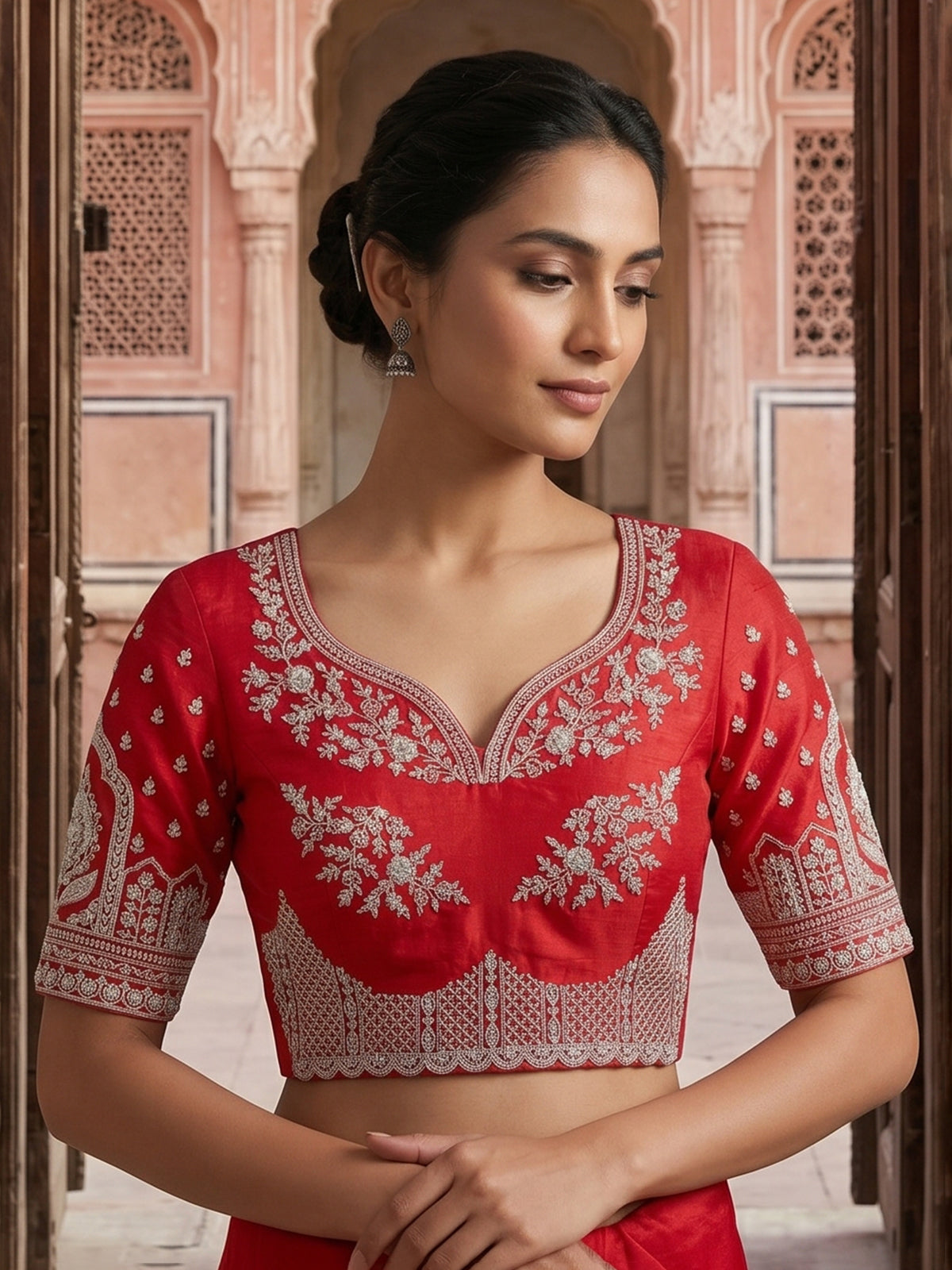 Red elegant banarasi silk lehenga choli with dupatta