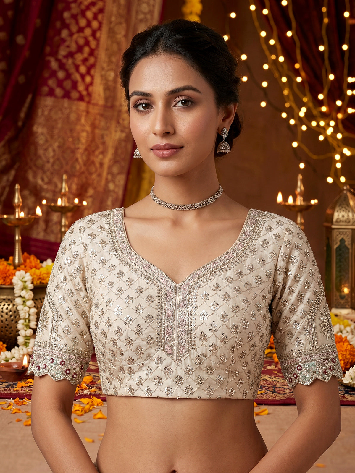 Beige designer tussar silk lehenga choli with dupatta