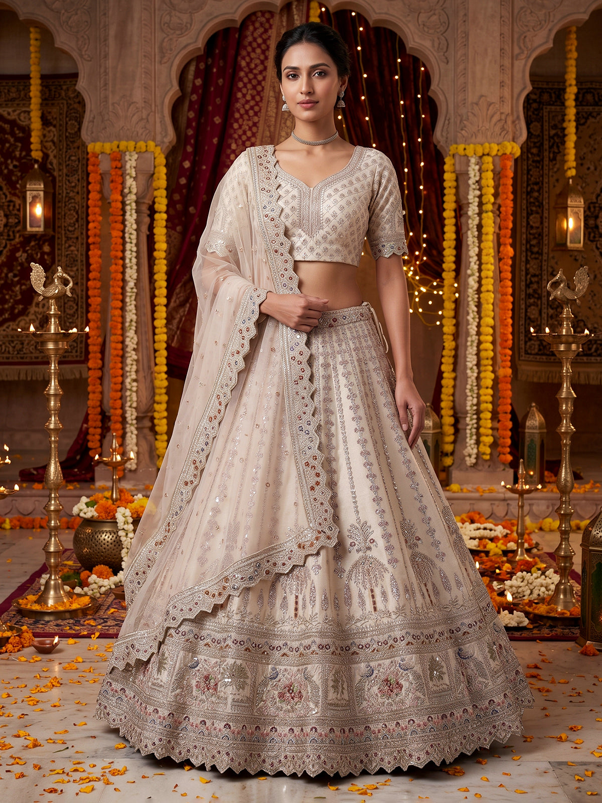 Beige designer tussar silk lehenga choli with dupatta