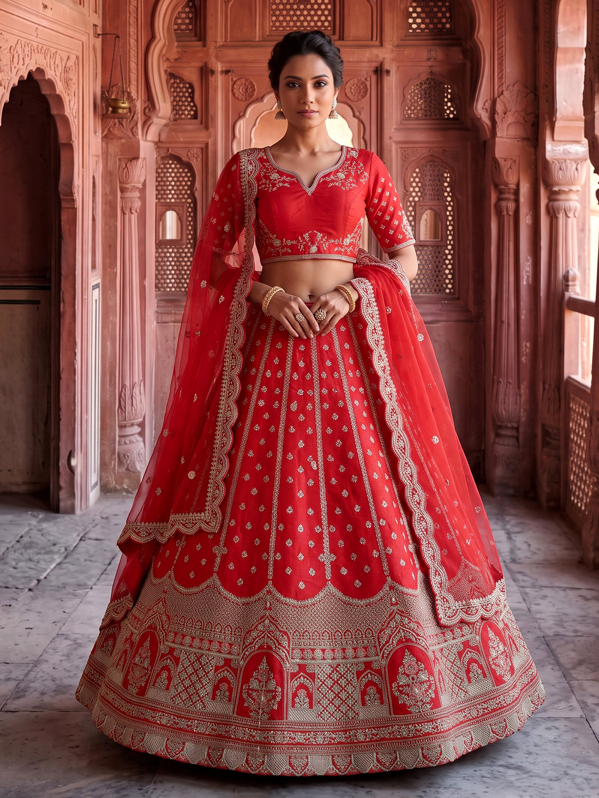 Red premium bridal raw silk lehenga choli
