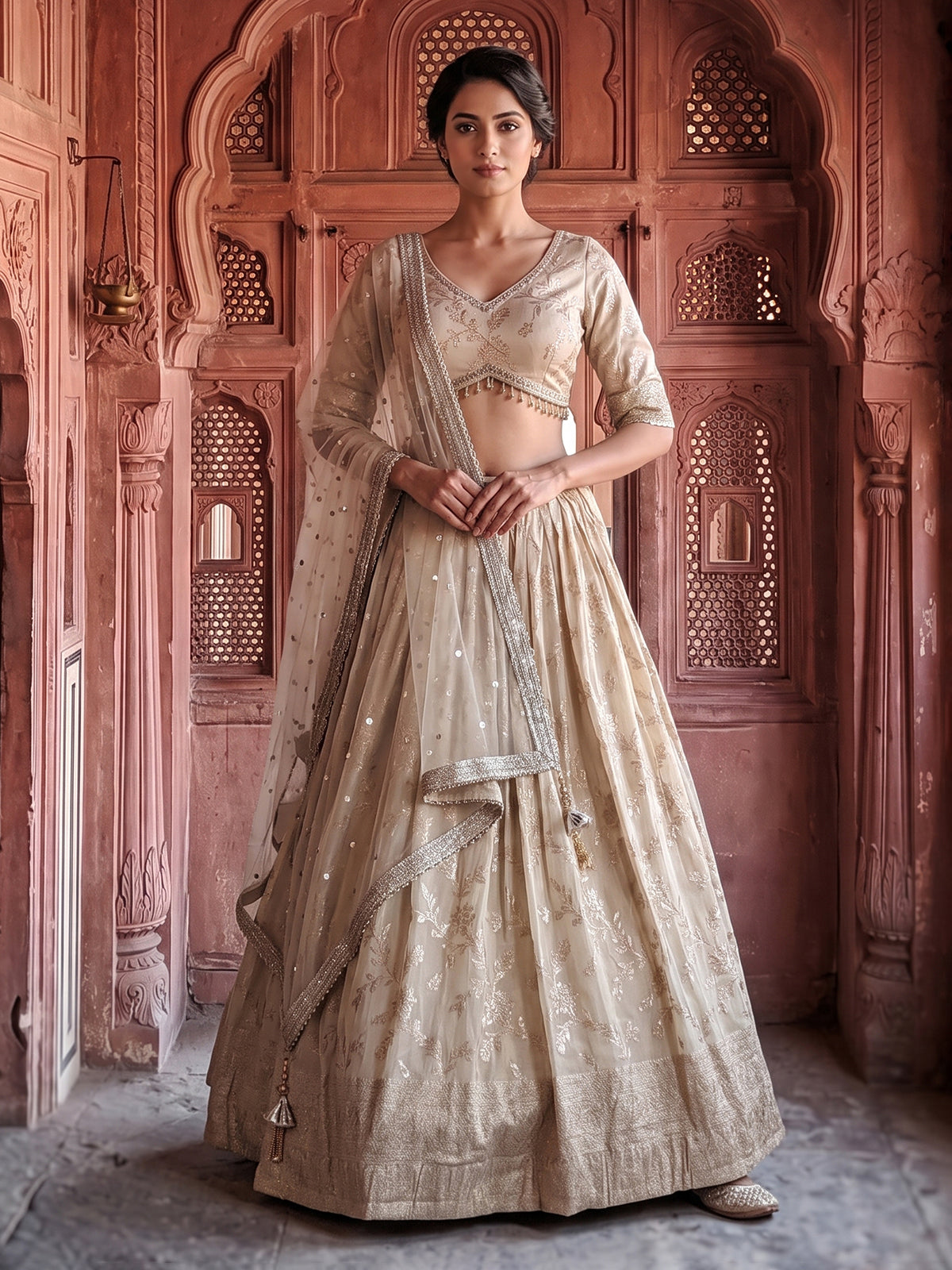 Beige embroidered chanderi silk lehenga choli