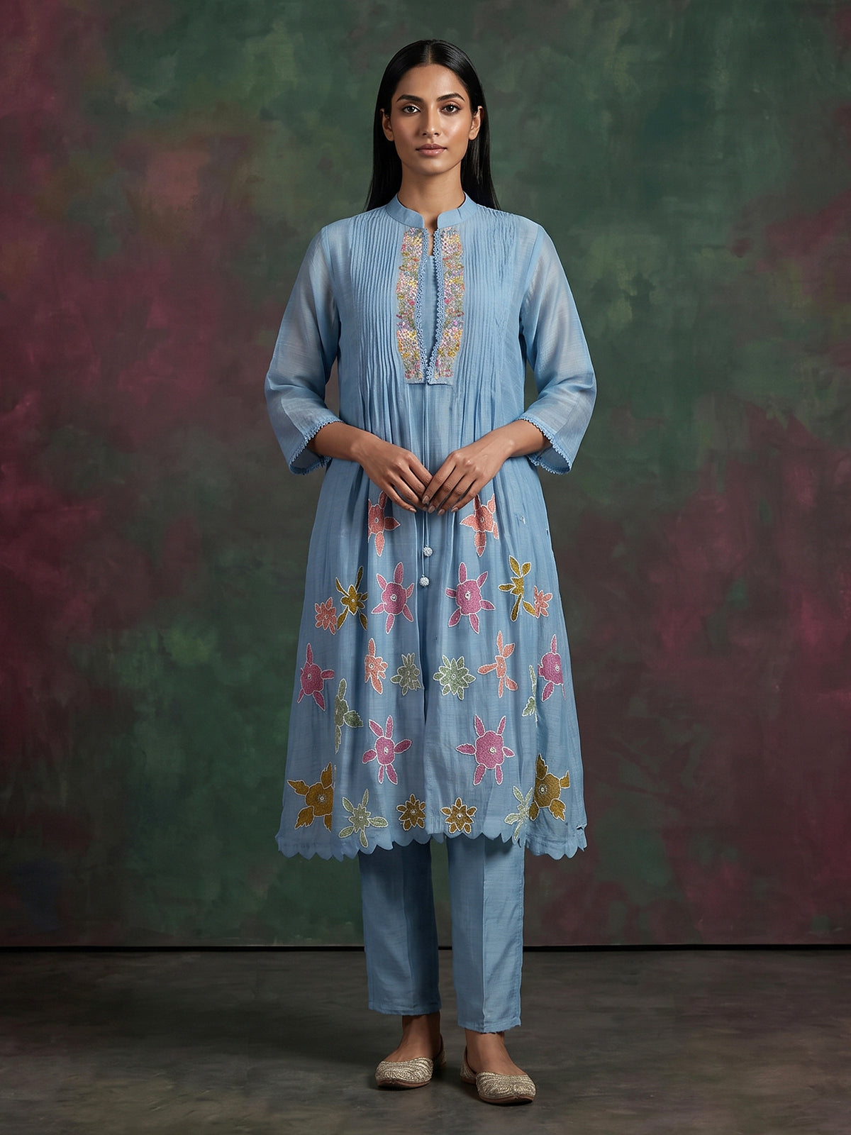 Sky blue cotton silk embroidered festive kurti set