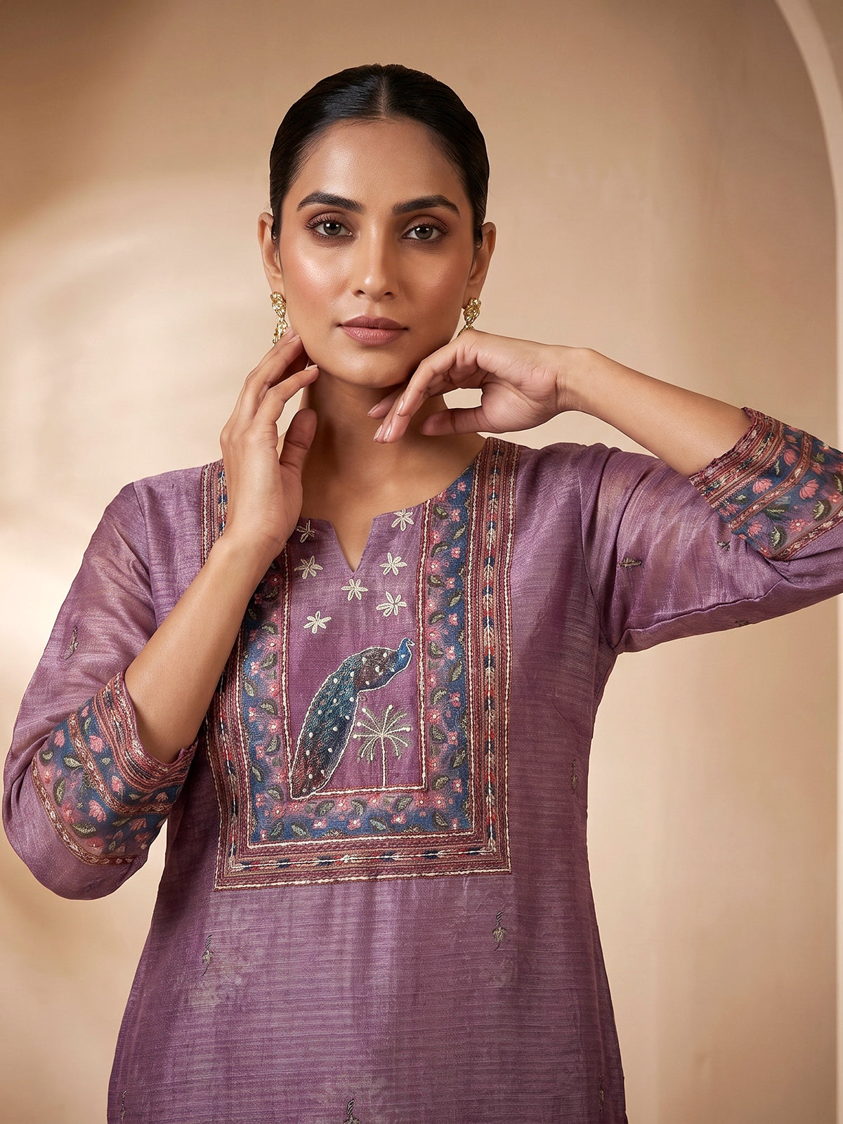 Purple printed cotton silk straight kurti set