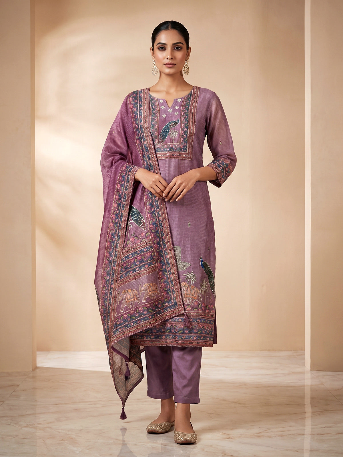 Purple printed cotton silk straight kurti set