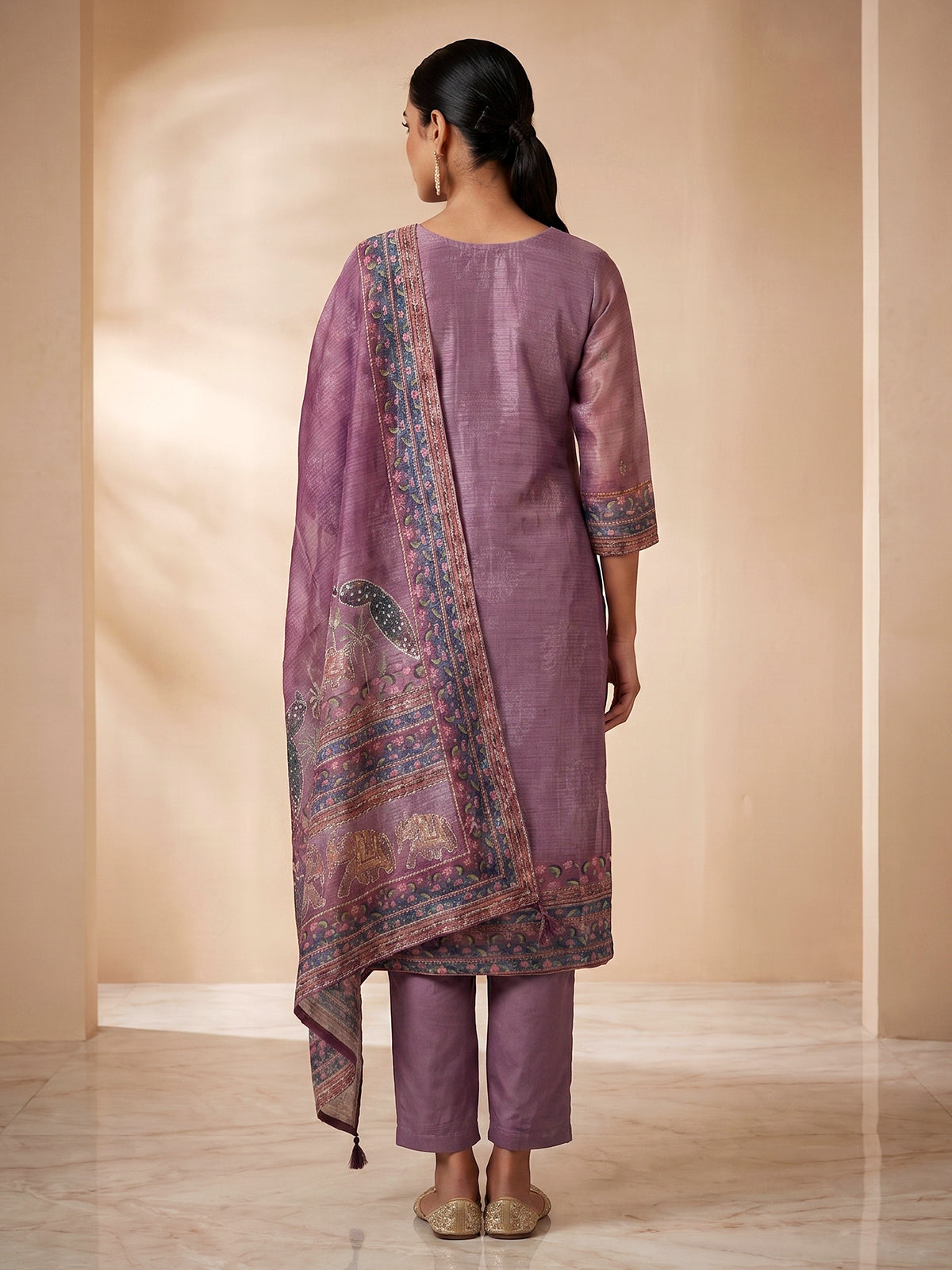 Purple printed cotton silk straight kurti set