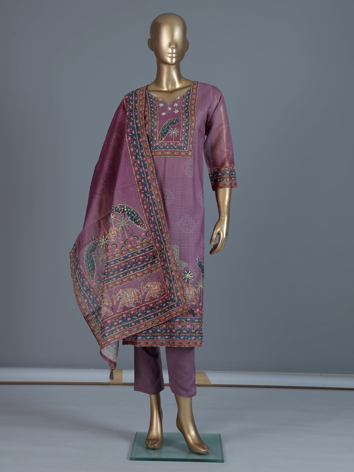 Purple printed cotton silk straight kurti set