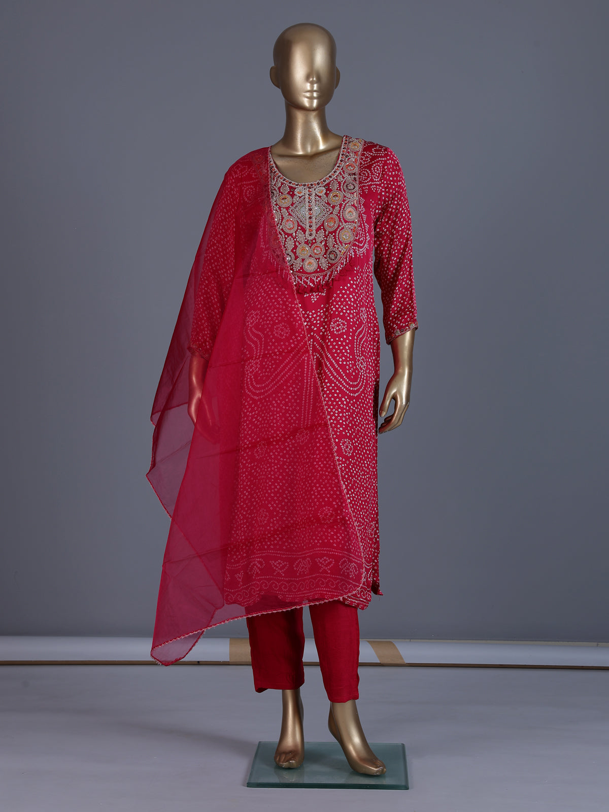 Rani pink bandhani printed straight salwar suit collection