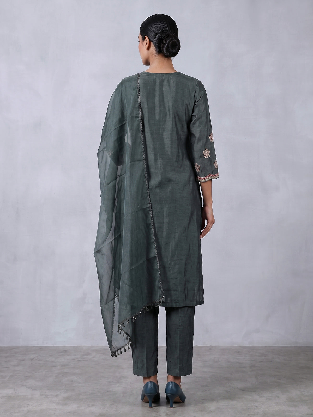 Dark green embroidered slub silk straight salwar suit