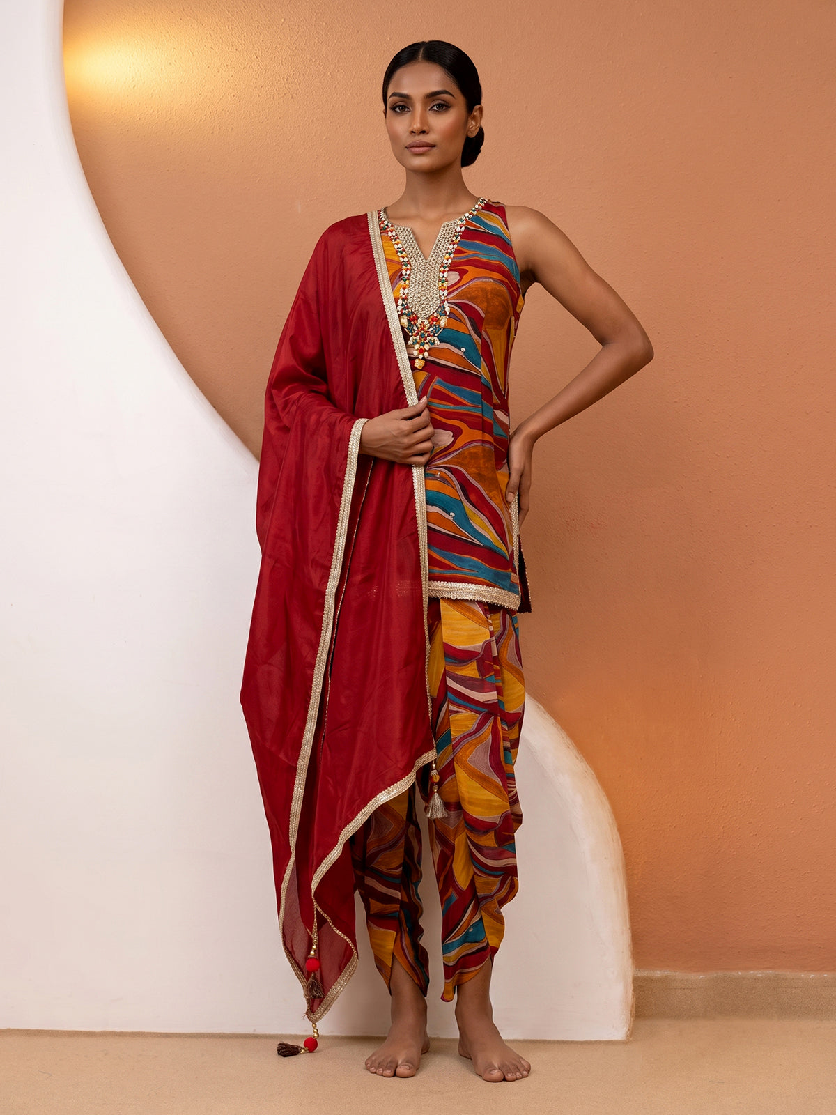 Multicolour printed chinon silk dhoti suit with dupatta