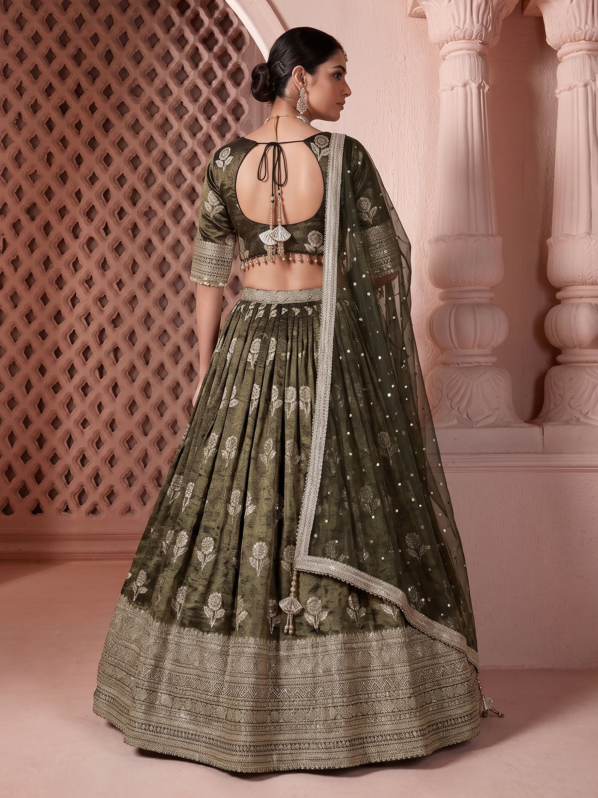 Olive shimmer silk mirror work lehenga choli
