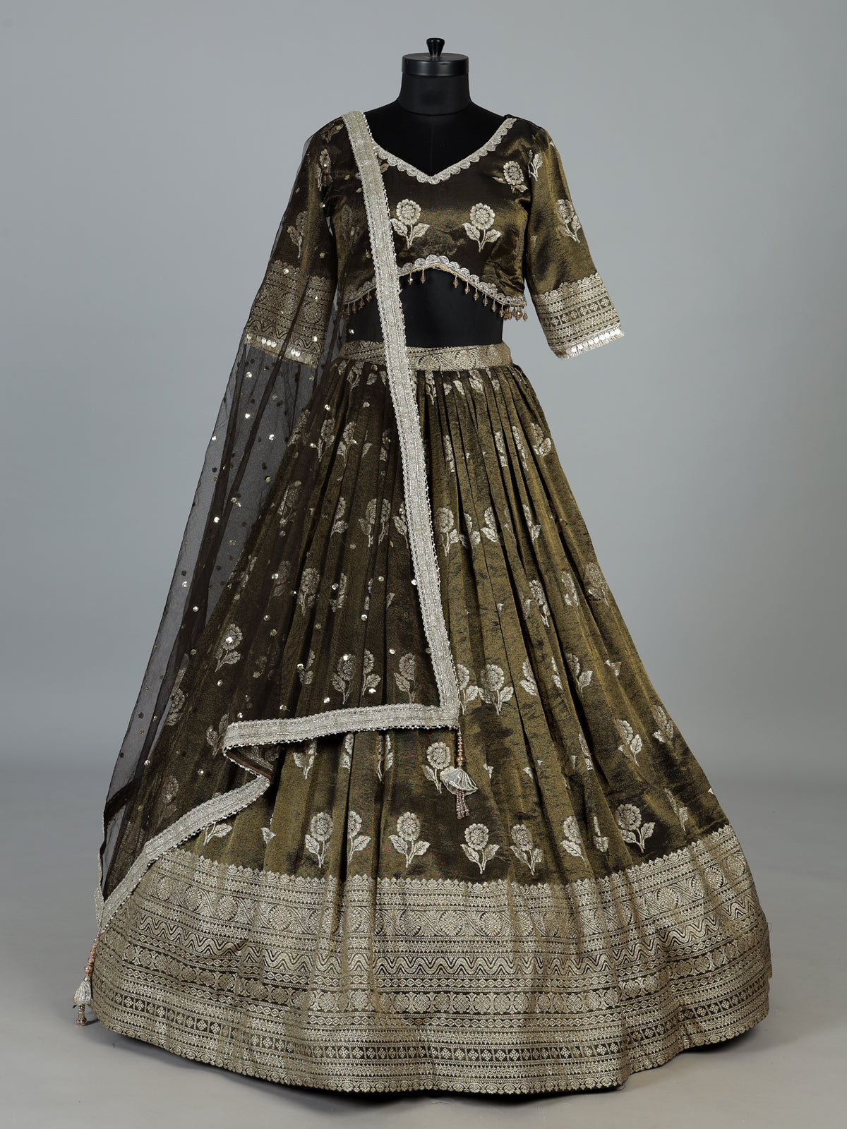 Olive shimmer silk mirror work lehenga choli