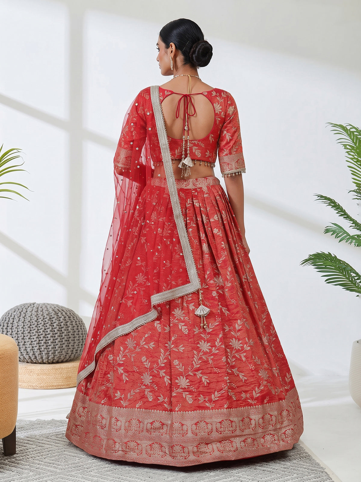 Rust shimmer silk mirror embroidered lehenga choli