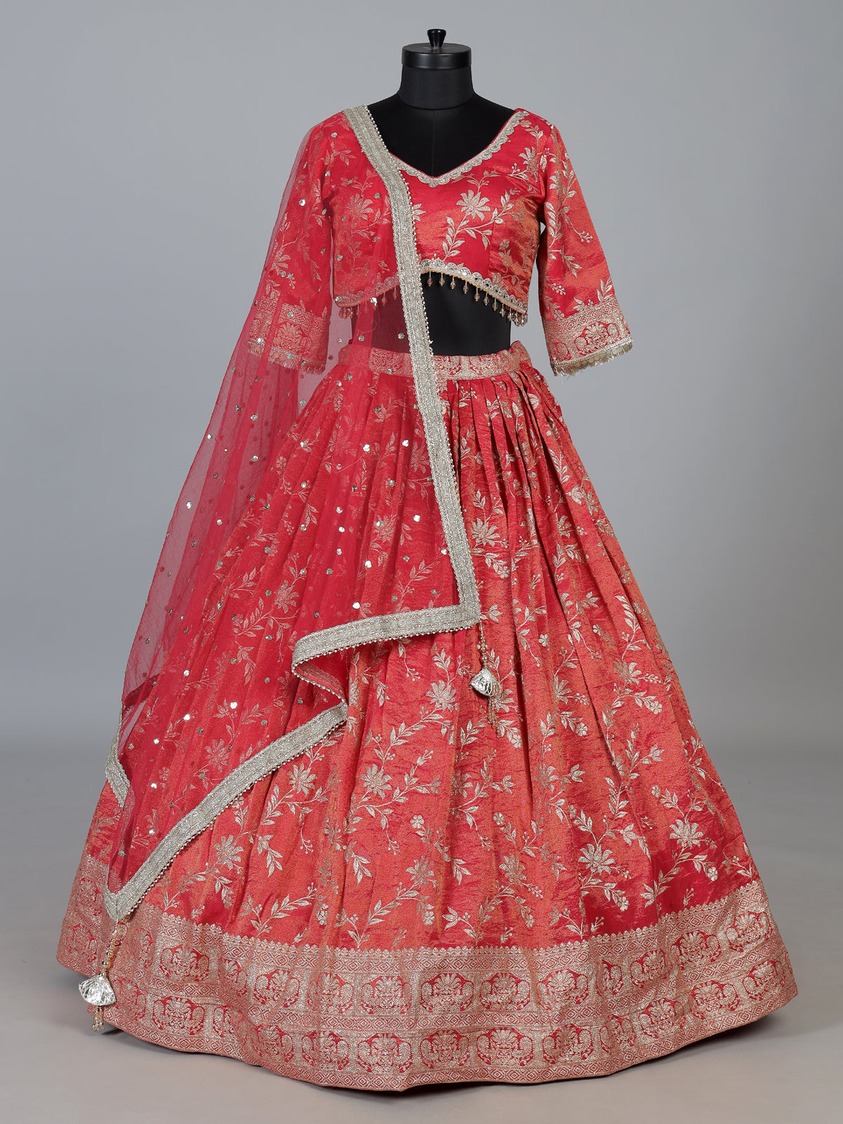 Rust shimmer silk mirror embroidered lehenga choli