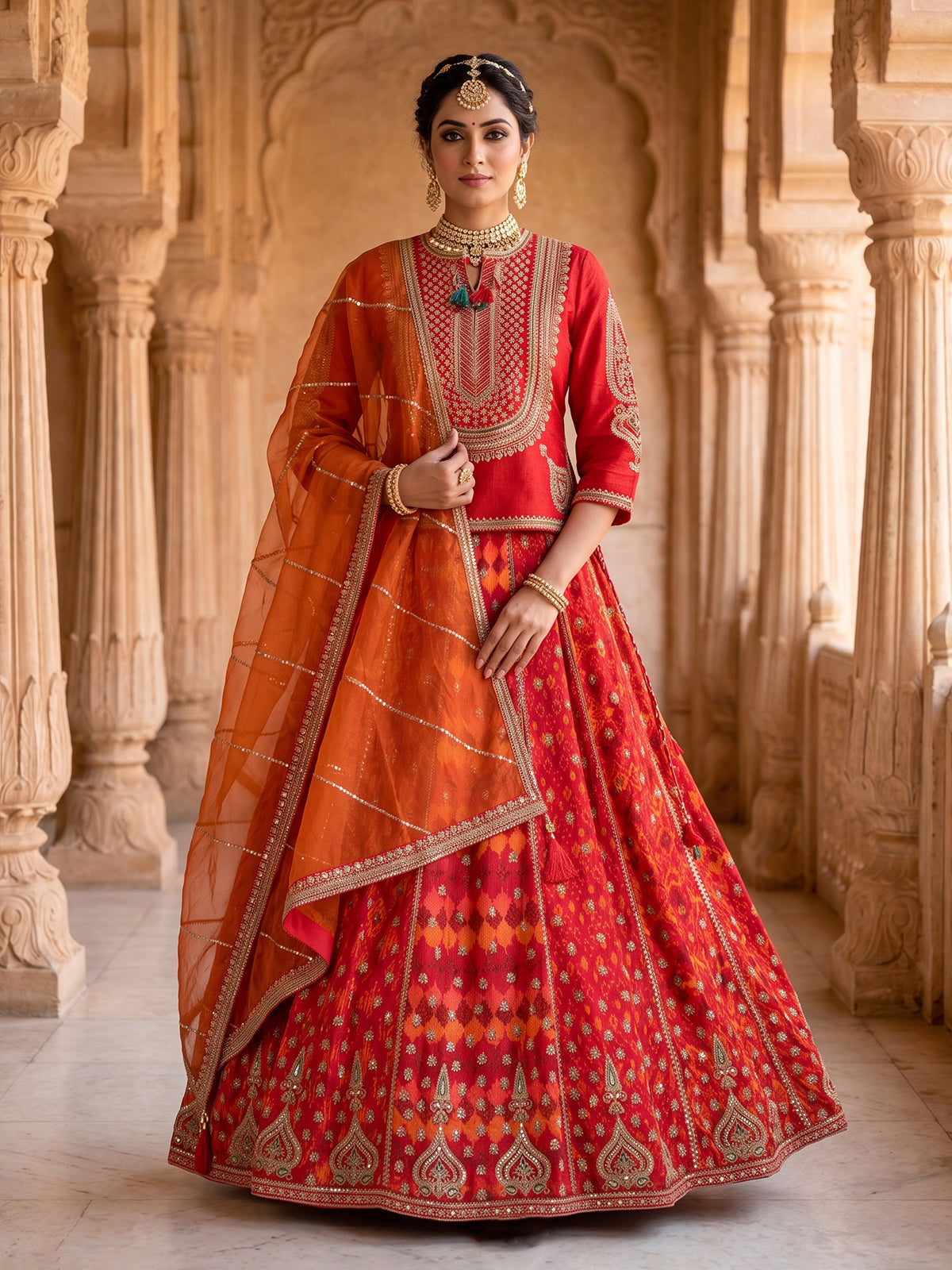 Red silk rajasthani style lehenga choli with dupatta