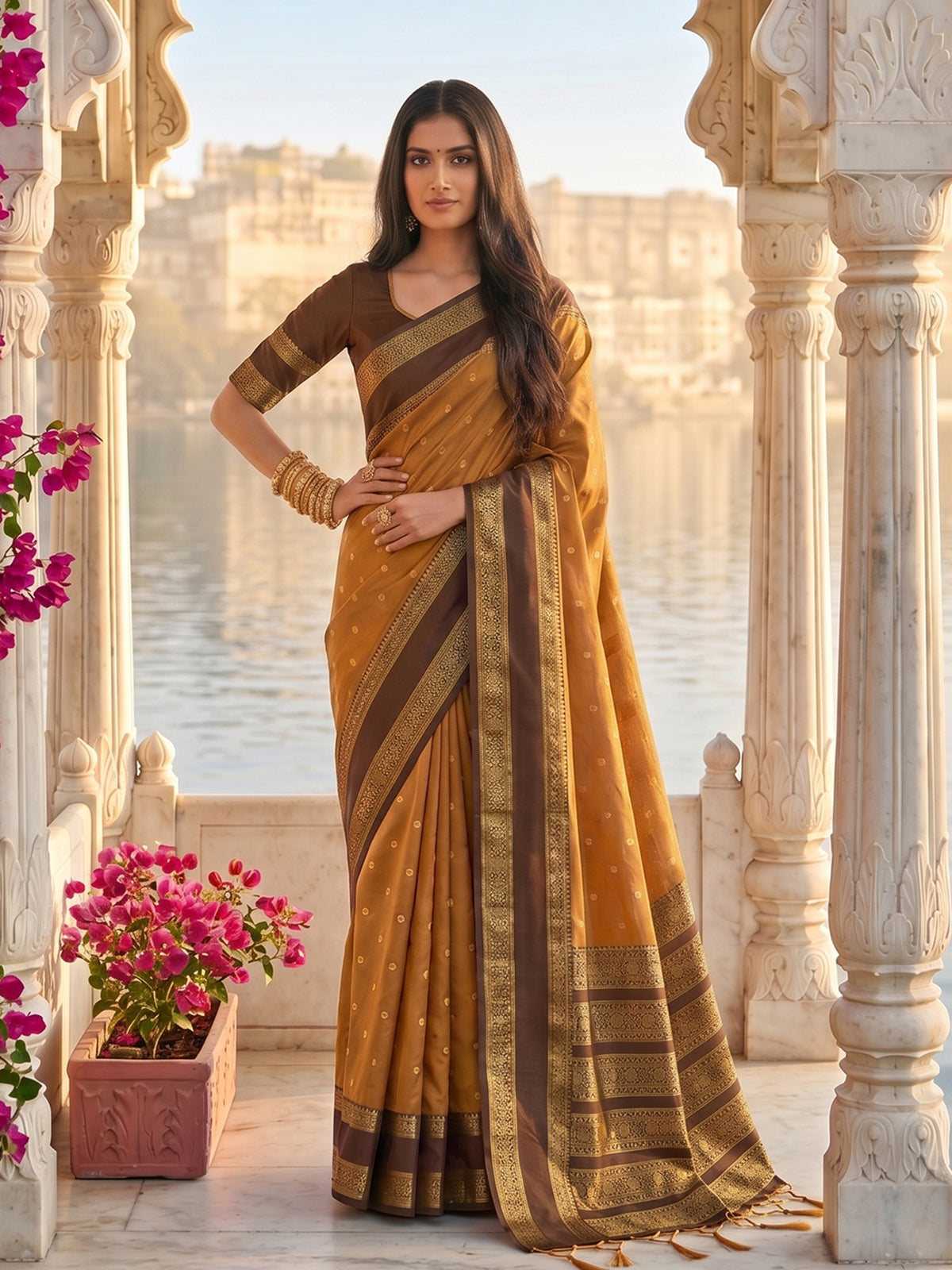 Royal mustard yellow soft silk saree with brown pallu