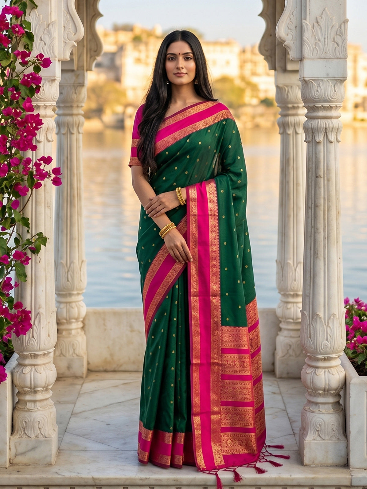 Elegant green soft silk saree with pink zari border