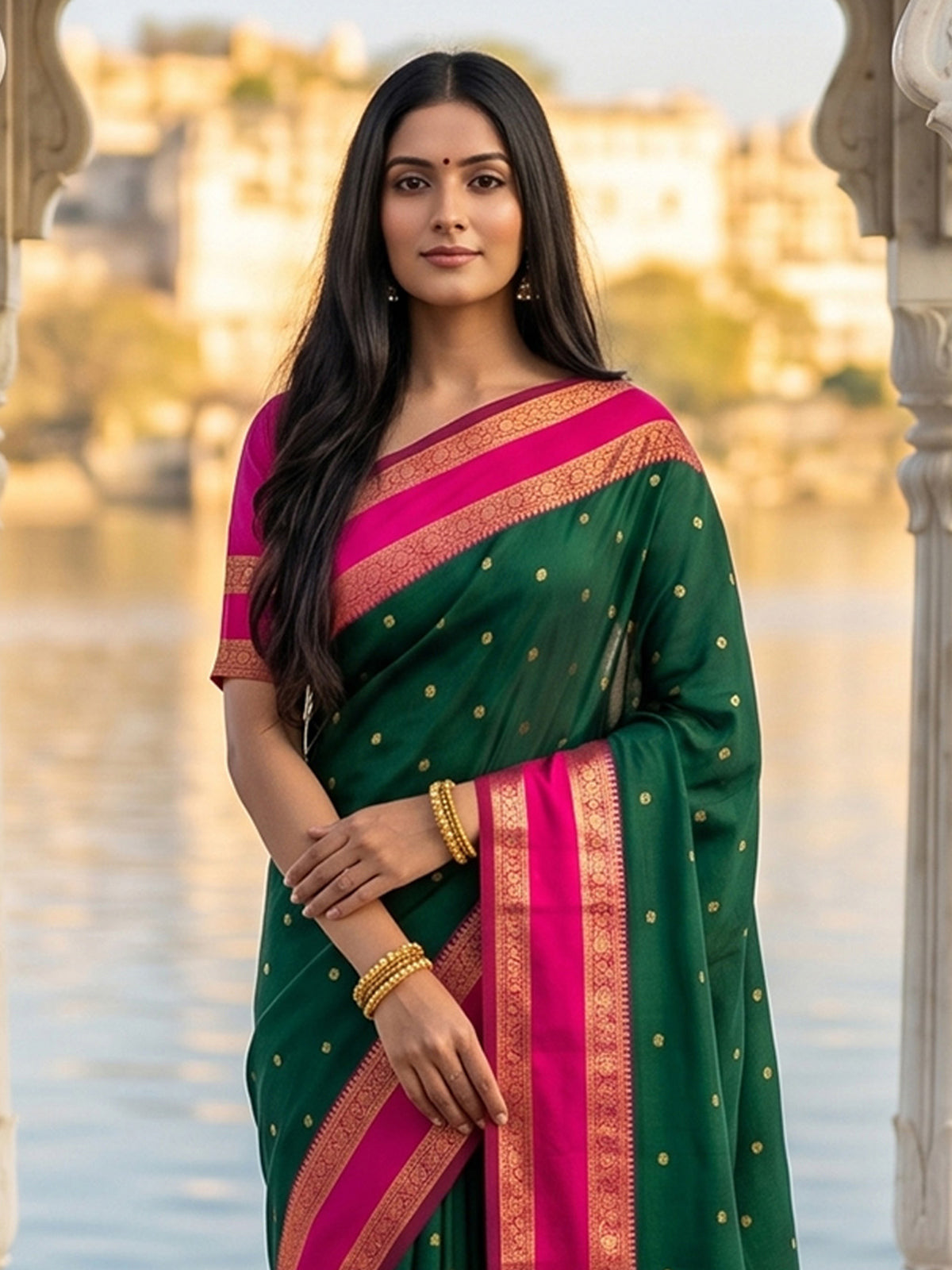 Elegant green soft silk saree with pink zari border
