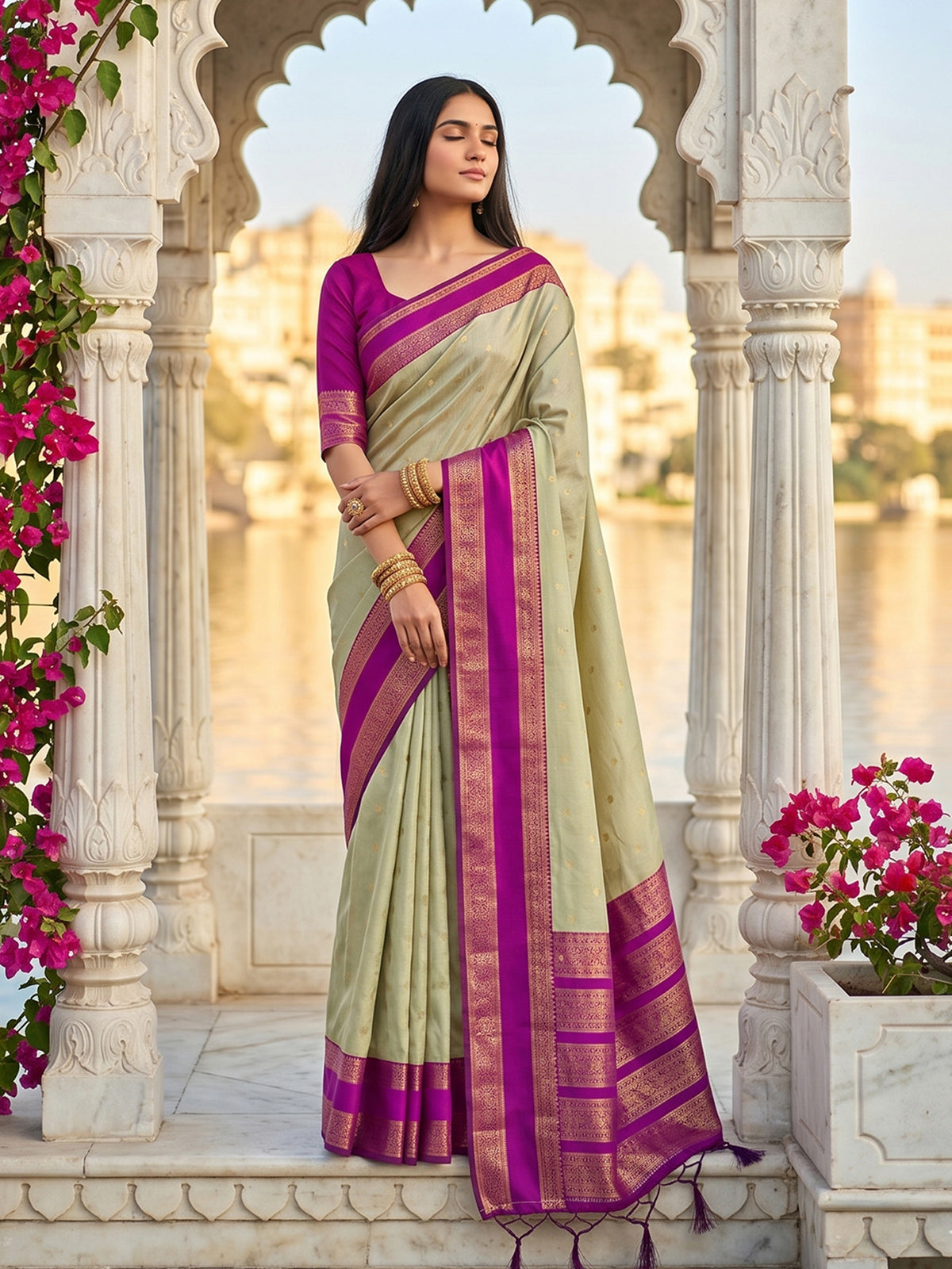 Graceful sage green soft silk saree with contrast magenta pallu