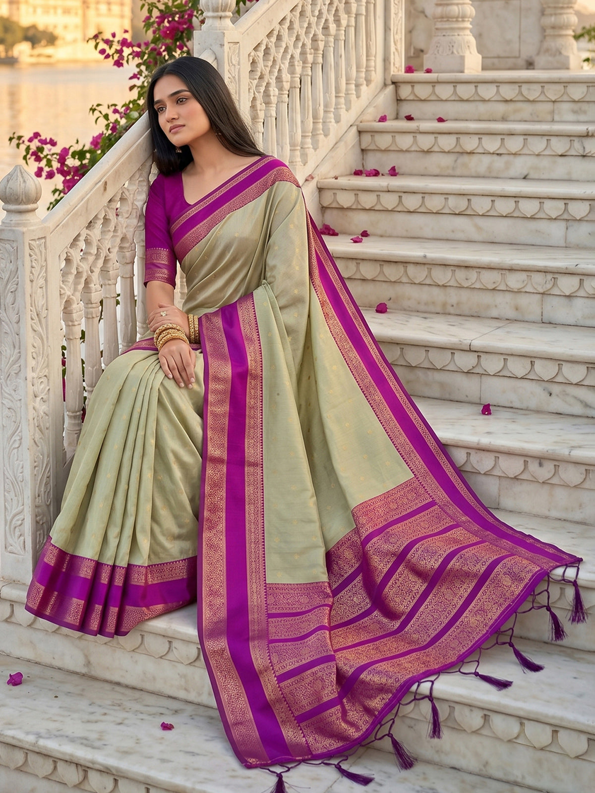 Graceful sage green soft silk saree with contrast magenta pallu