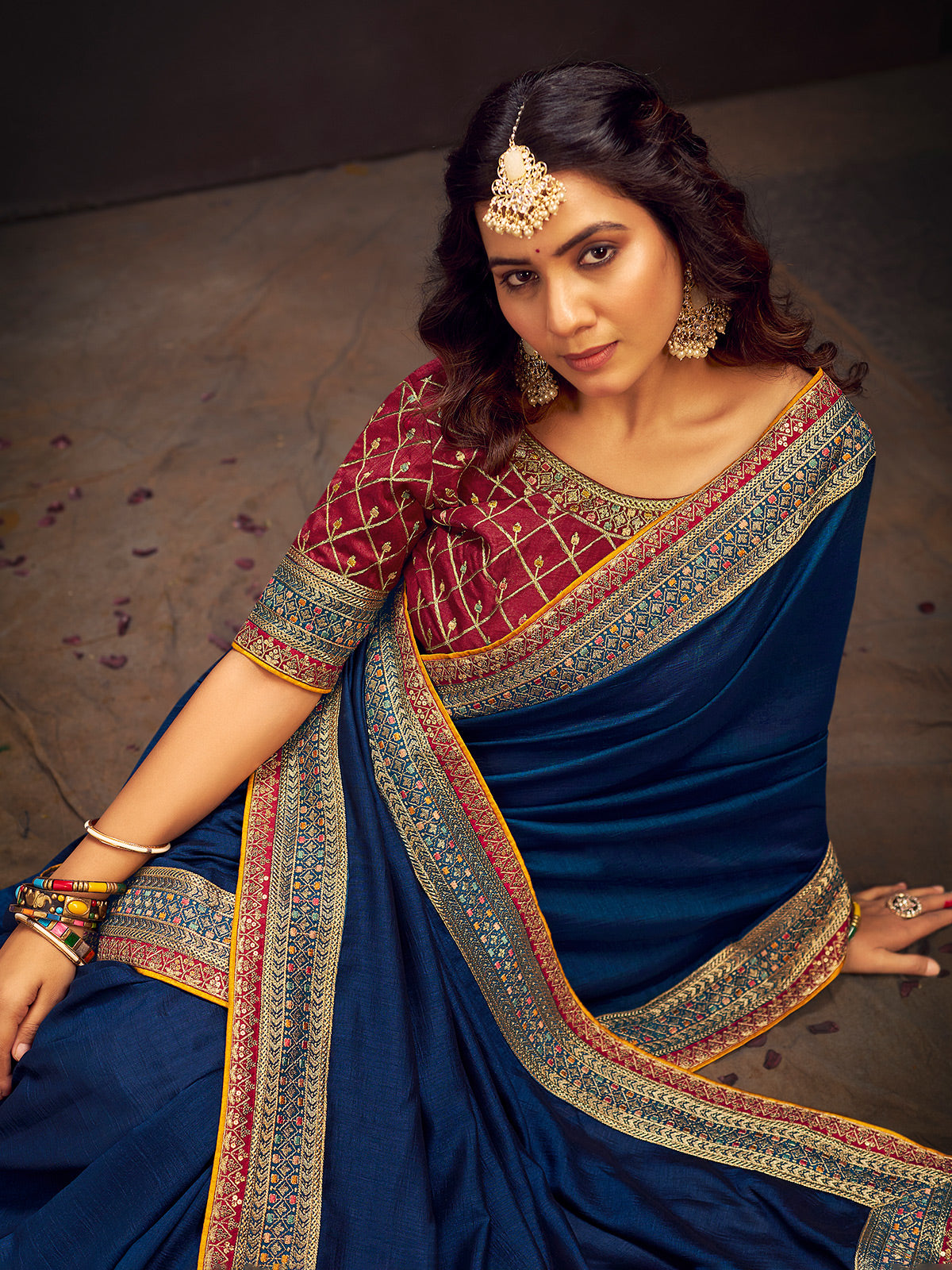 Navy blue embroidered banglori silk festive saree