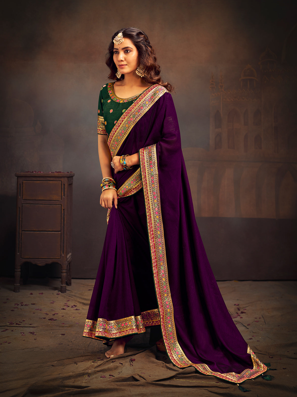 Purple embroidered banglori silk party wear saree