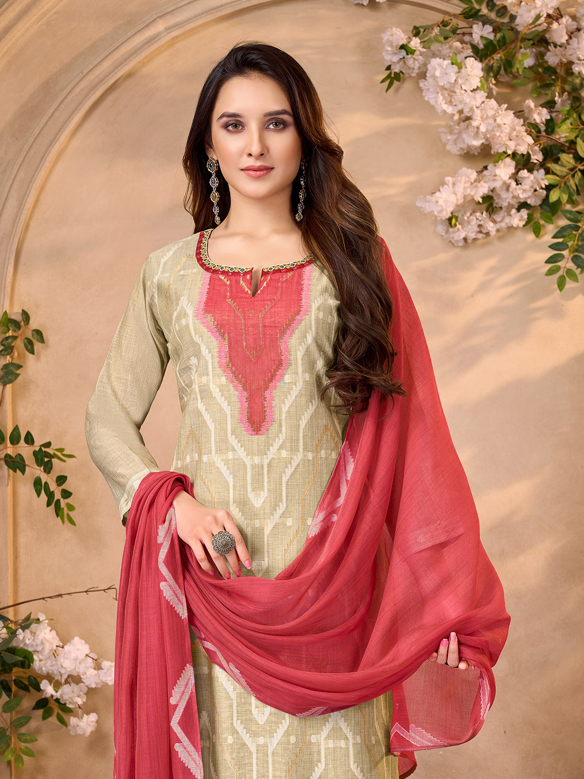 Light olive embroidered cotton linen festive salwar suit