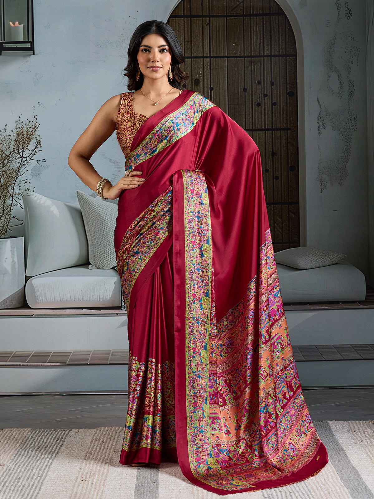 Maroon modal satin saree with ajrakh print