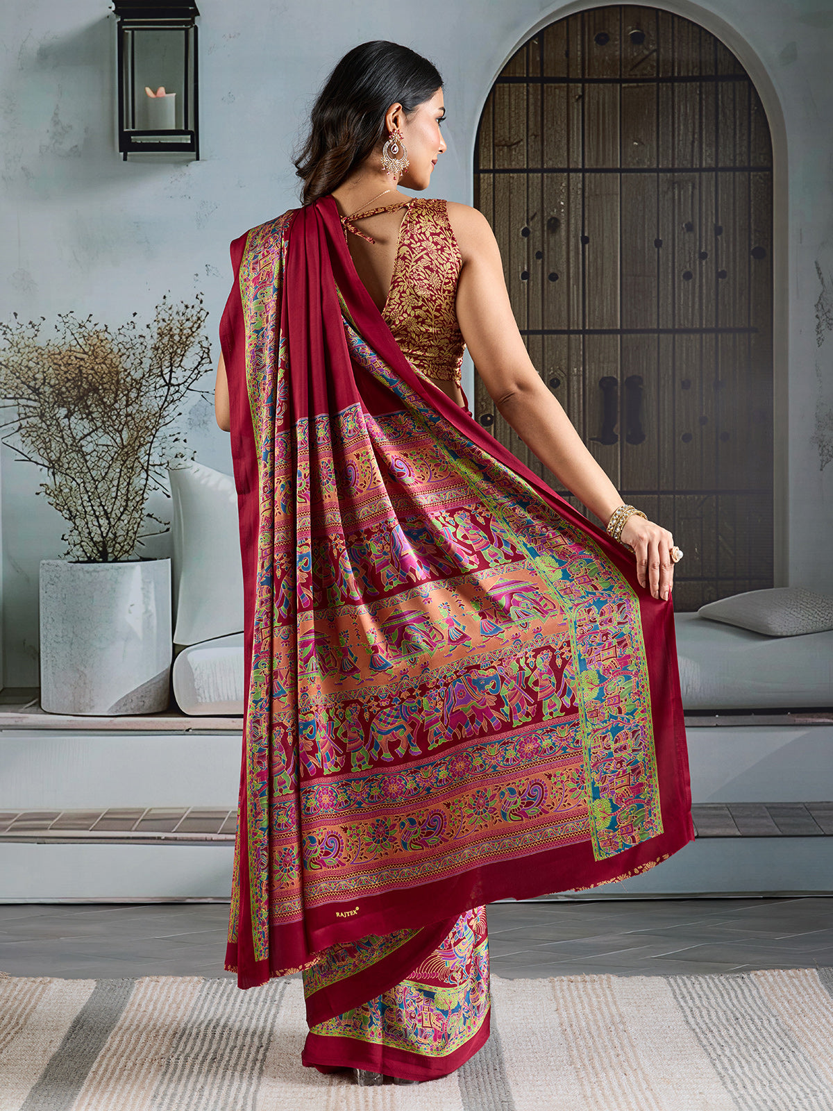 Maroon modal satin saree with ajrakh print