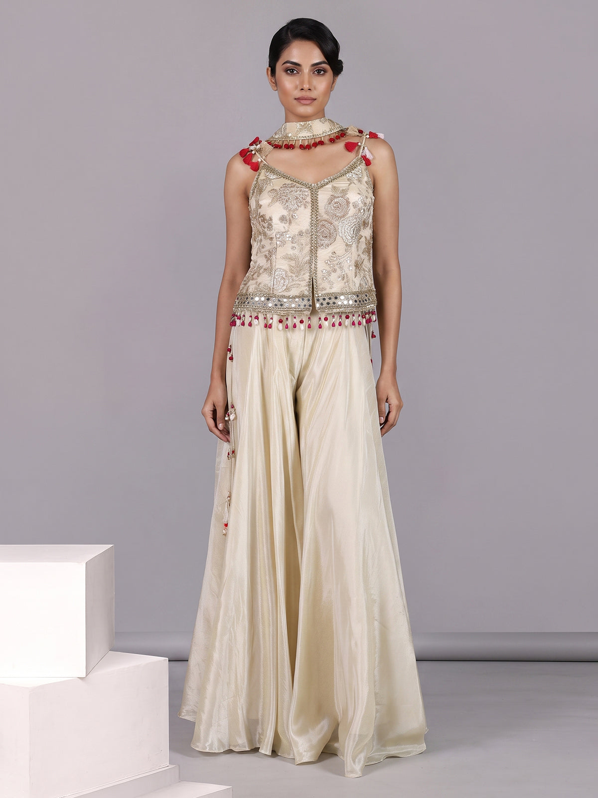 Cream designer shimmer silk palazzo suit with choker
