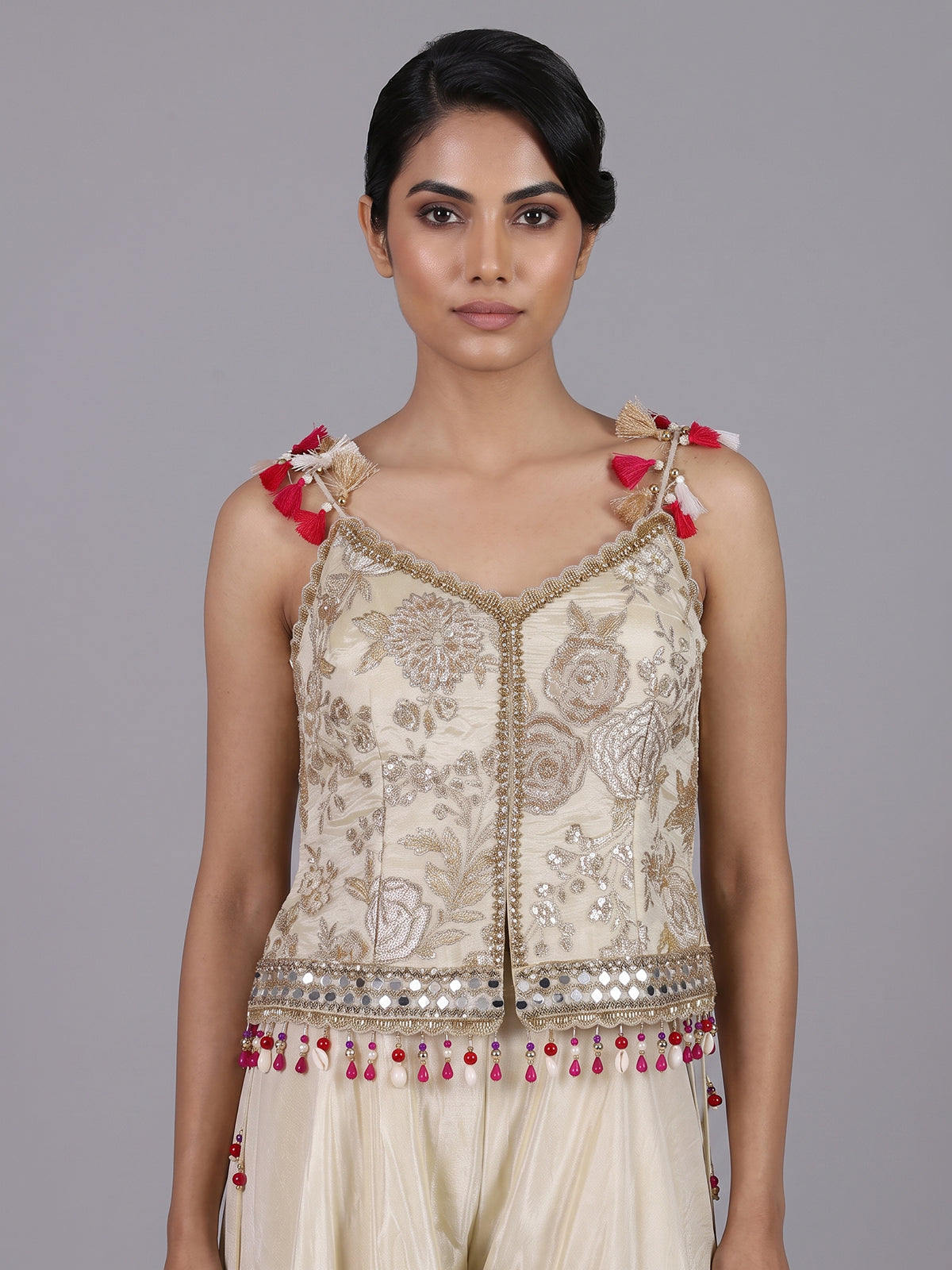 Cream designer shimmer silk palazzo suit with choker